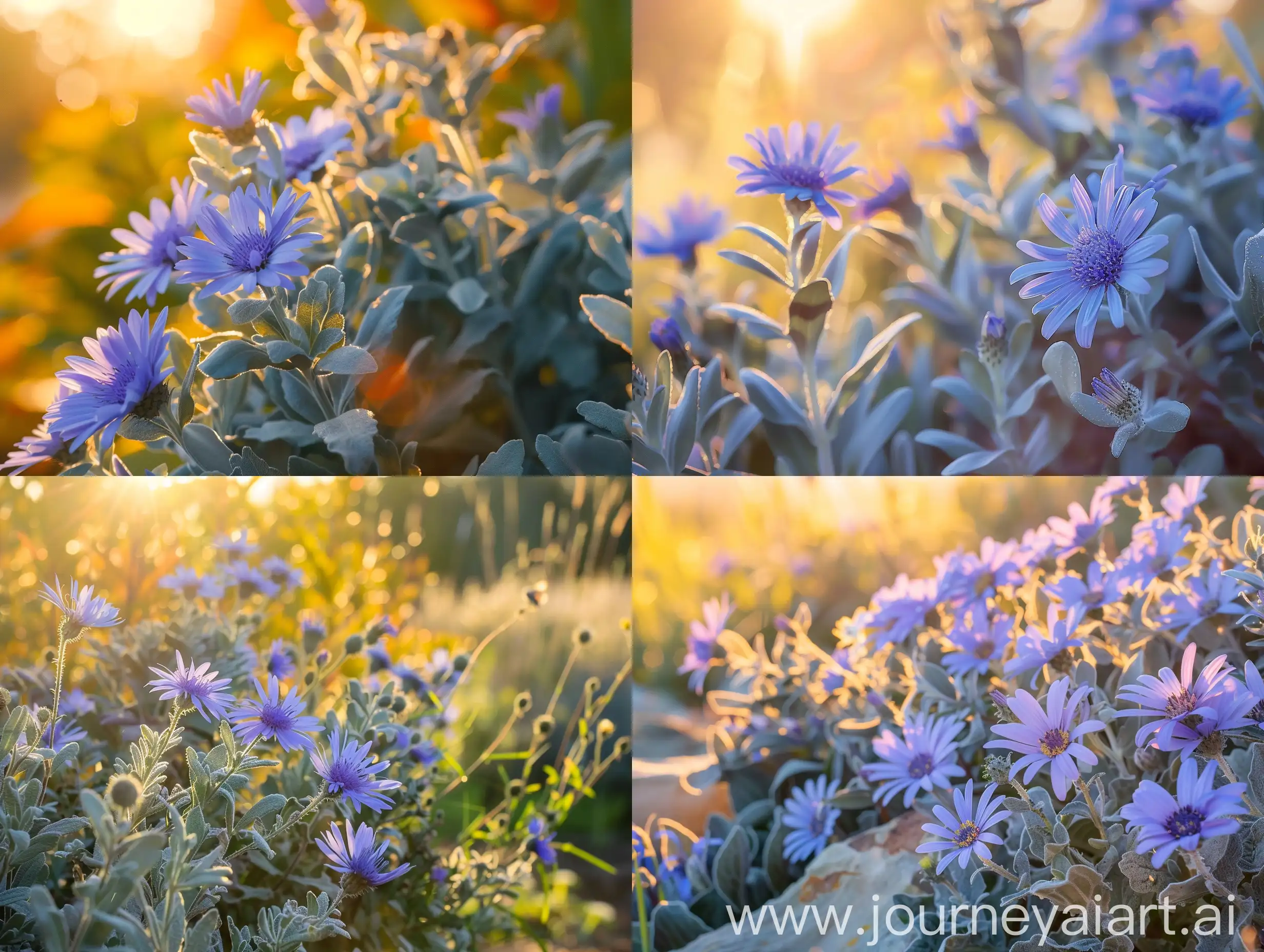 Close up high detailed photo capturing a Aster, Raydon's Favorite. The sun, casting a warm, golden glow, bathes the scene in a serene ambiance, illuminating the intricate details of each element. The composition centers on a Aster, Raydon's Favorite. Hundreds of 1" daisy-like lavender blue flowers spring abundantly from the mounds of gray-green foliage. A perfectly gorgeous aster with aromatic leaves and visiting butterflies, the plants produce a splendid show in autumn. Easy to grow in full sun, with. The image evokes a sense of tranquility and natural beauty, inviting viewers to immerse themselves in the splendor of the landscape. --ar 16:9 