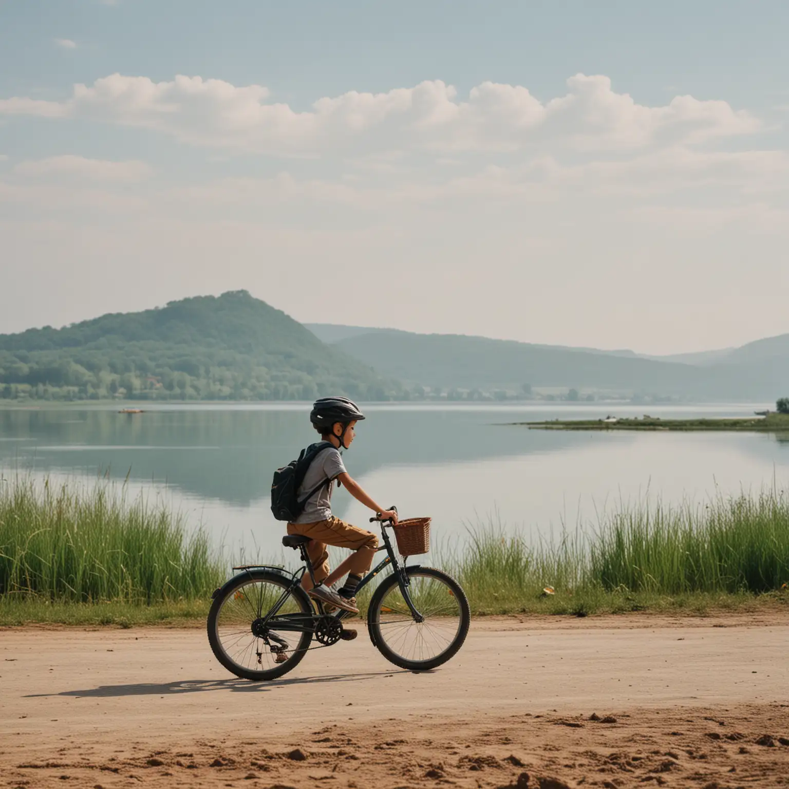 一位少年骑着自行车背景是一片大湖