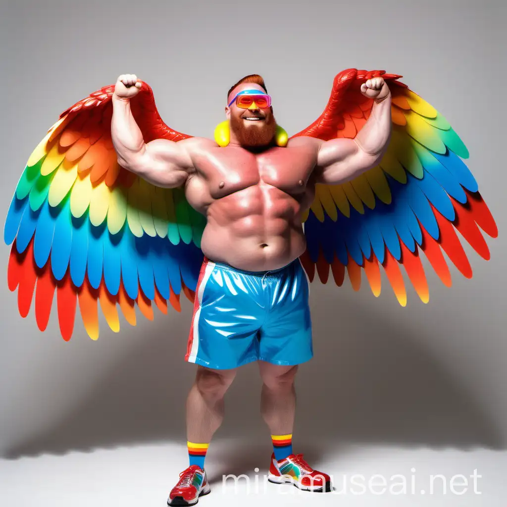 Muscular 40s Topless Bodybuilder Flexing with Rainbow Eagle Wing Jacket