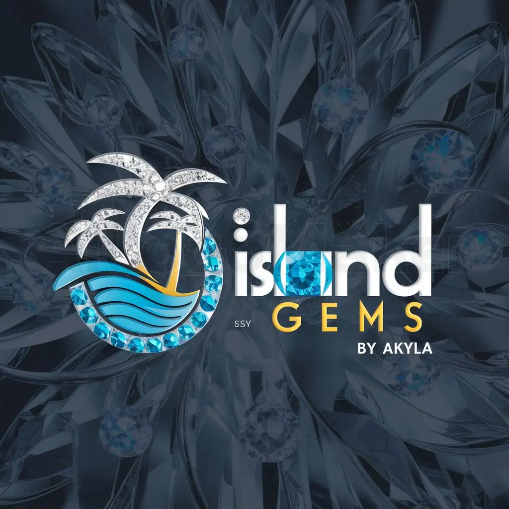 a logo design,with the text "Island Gemsn    By Akyla", main symbol:gems water palm trees,complex,clear background