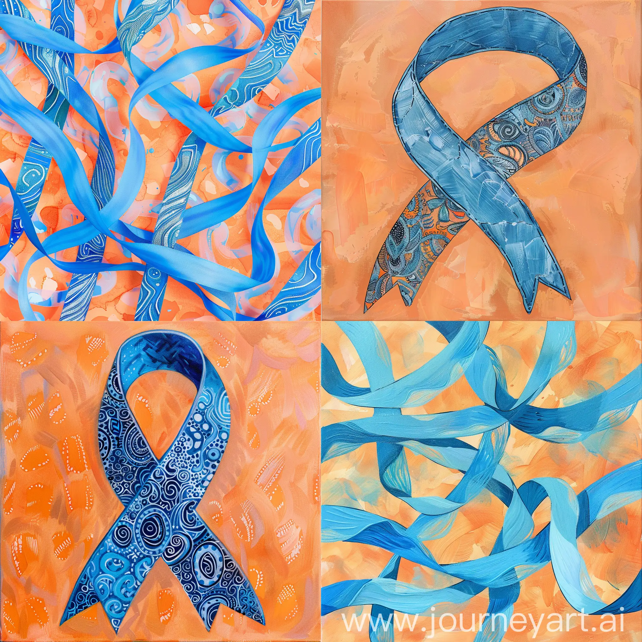 Light blue ribbons with light orange background, all made of paint ,zentangle art style