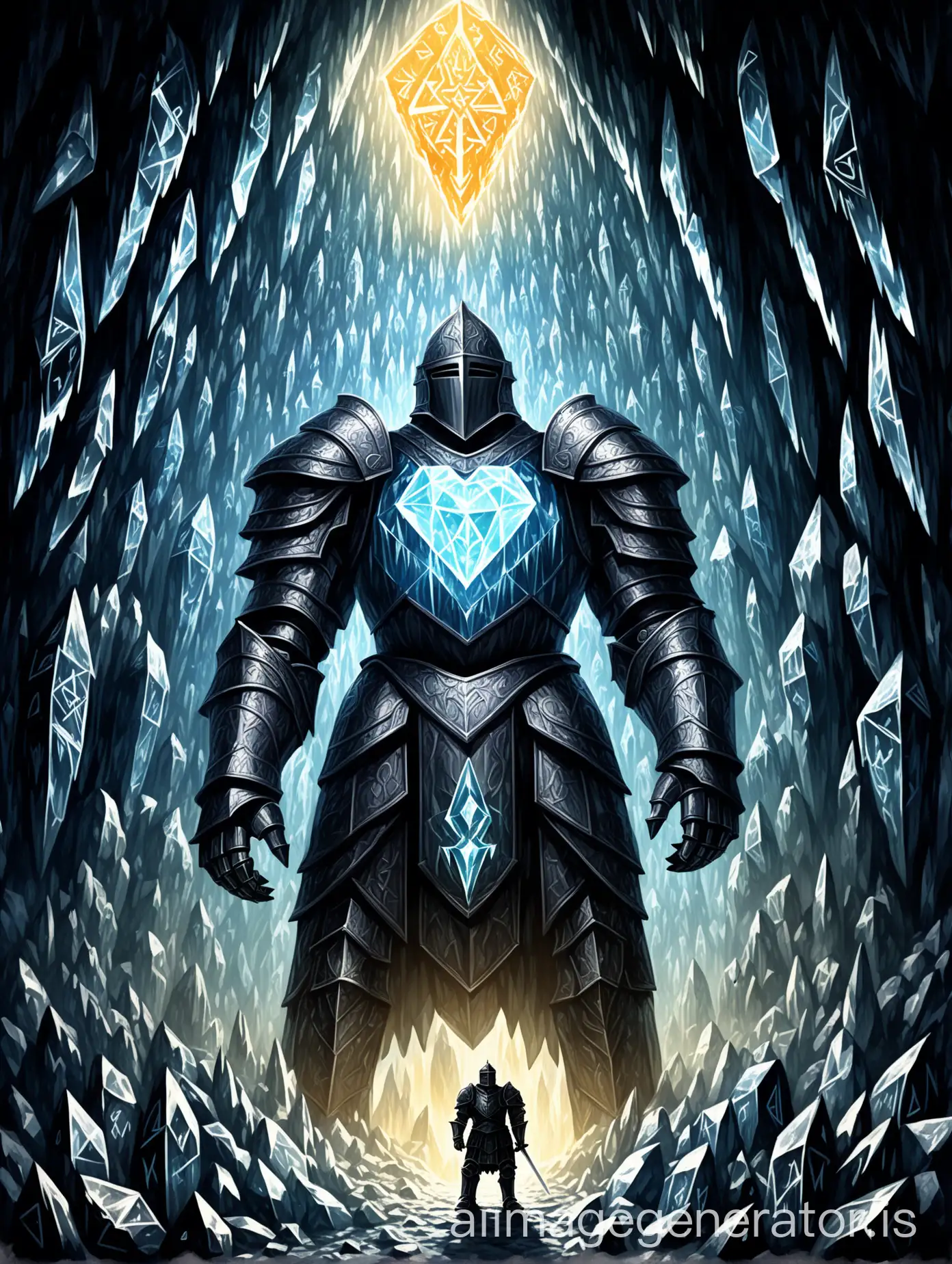 Produce an illustration of a stoic knight, surrounded by the radiant glow of ancient runes, facing down a massive, crystalline golem within the heart of a glittering crystal cave. The golem's facets gleam like diamonds as it looms over the knight, its immense form casting eerie shadows against the cavern walls