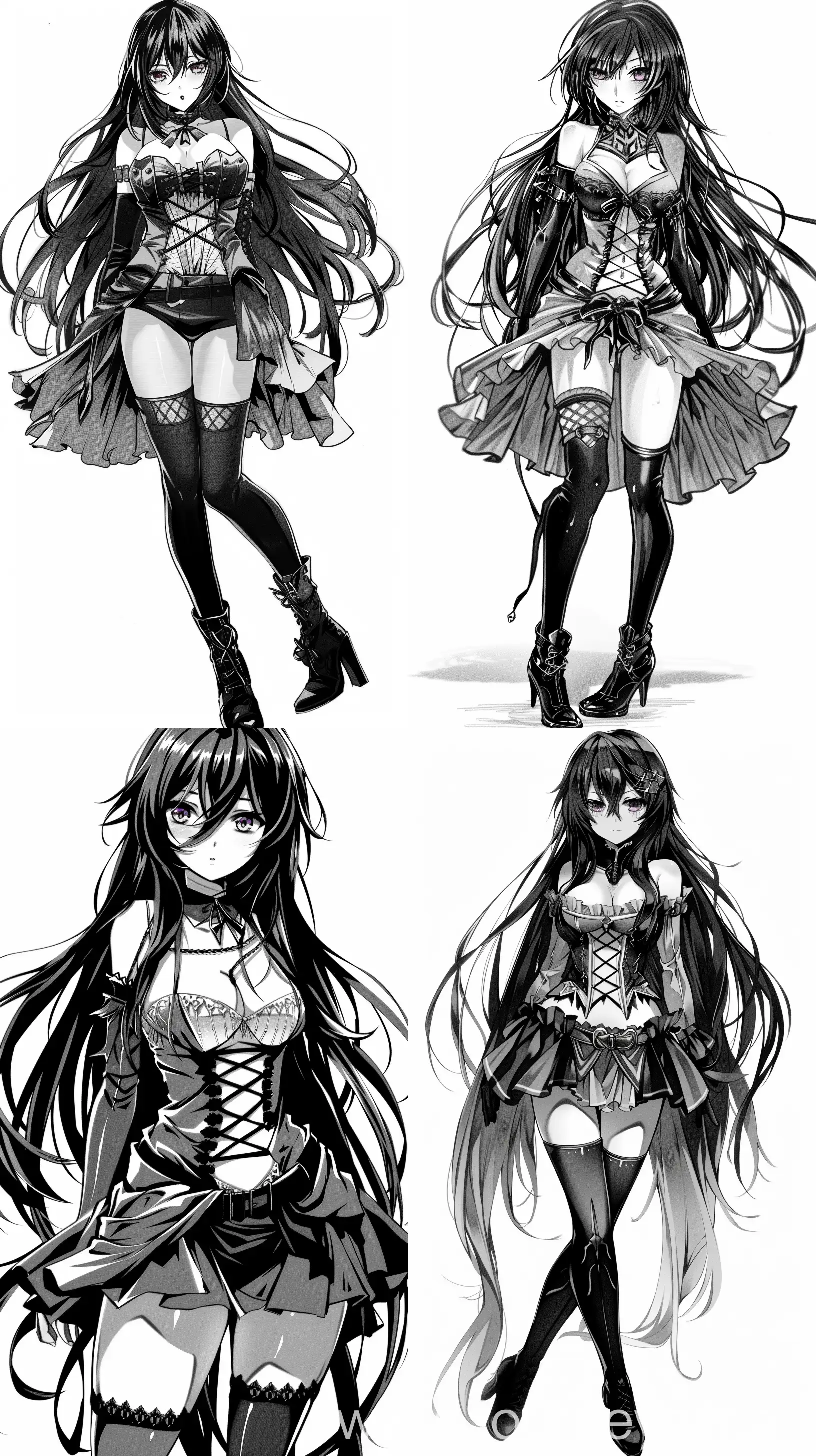 A stunning manga-style girl in black and white, her features exquisitely rendered with intricate shading and line work. Her long, raven-black hair flows behind her in a cascade of silk, expertly framing her delicate face. Her eyes are a piercing shade of violet, filled with determination and focus. She wears a unique and stylish outfit that accentuates her defensive stance: a sleeveless top with intricate lacing over a tight-fitting corset, revealing her toned midsection and accentuating her modest yet curvaceous figure. Her bottom half consists of a flowing skirt that flares out slightly at the hem, giving her an added sense of movement and agility. Her legs are clad in black thigh-high socks that reach just below the knee, and she wears a pair of sturdy, but fashionable boots with chunky heels:: --aspect 9:16 