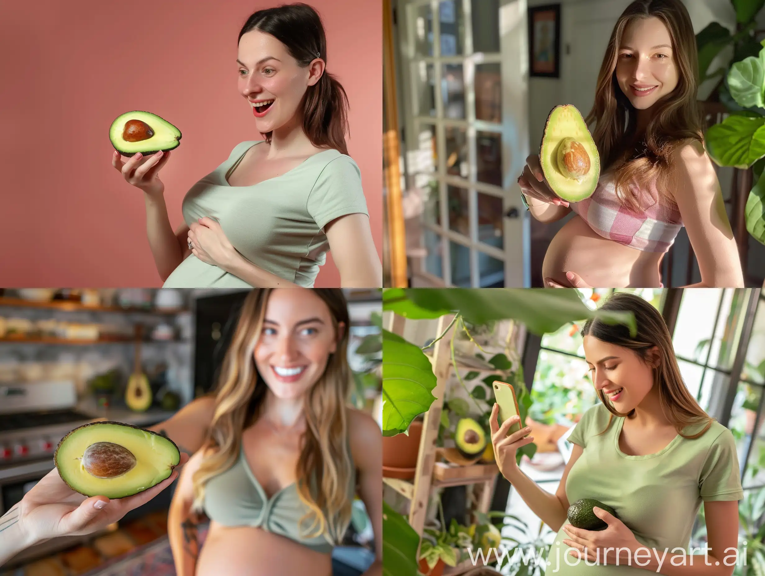 A typical Instagram selfie of a pregnant woman showing her audience an avocado. influencer