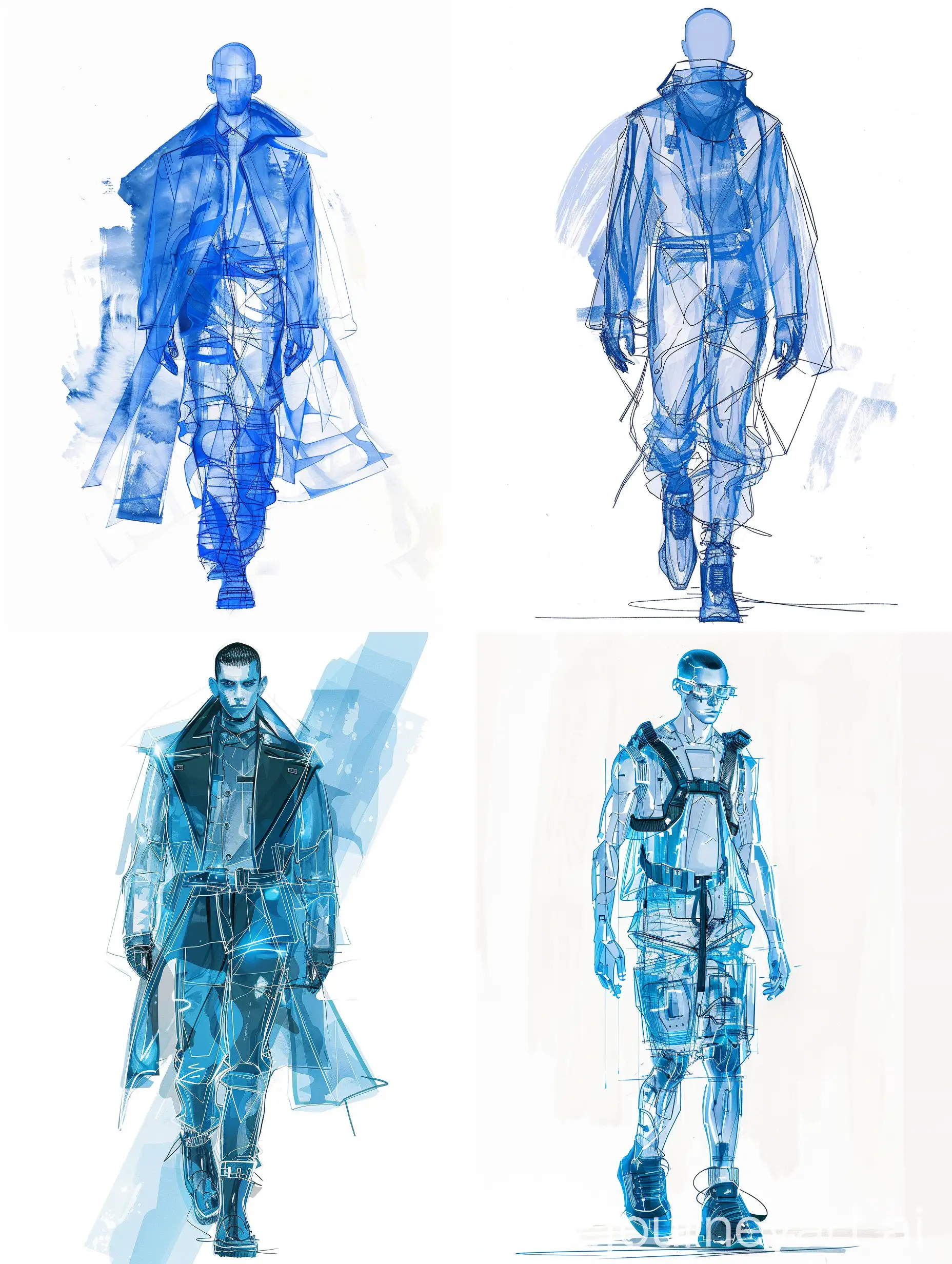 Futuristic-Male-Transparent-Blue-Fashion-Runway-Sketches-Minimalist-Illustration