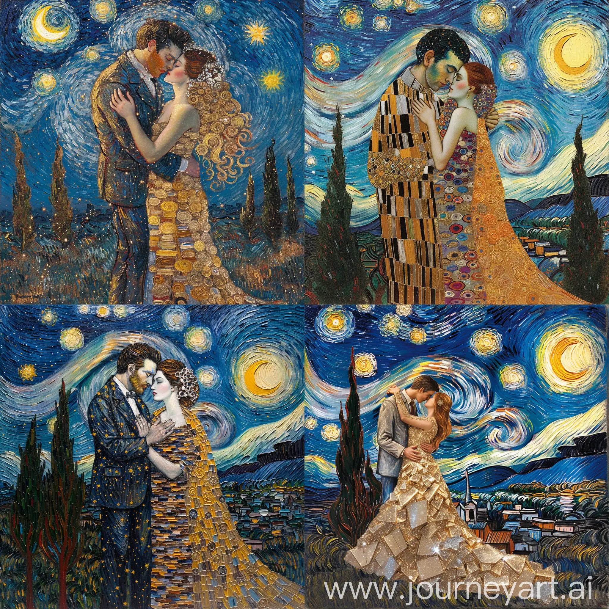 A breathtaking fusion of Vincent van Gogh's "The Starry Night" and Gustav Klimt's "The Kiss," creating a mesmerizing portrait of passion and the cosmos. The central figures from "The Kiss" are locked in a tender embrace, their bodies entwined and adorned with the distinctive geometric patterns and golden hues of Klimt's iconic style.

However, the couple is not set against a plain background, but rather immersed in the swirling, dreamlike landscape of "The Starry Night." The night sky comes alive with Van Gogh's signature brushstrokes, as whirling clouds, radiant stars, and a luminous crescent moon dance around the lovers.

The vibrant blues and yellows of the sky seem to melt into the rich, shimmering golds and warm tones of the couple's embrace, creating a harmonious interplay of color and emotion. The cypresses from "The Starry Night" wind their way through the composition, their sinuous forms echoing the curves of the lovers' bodies.

The couple's faces are obscured, as in "The Kiss," adding to the sense of universality and timelessness. The man's face is replaced by a constellation of stars, while the woman's visage is a shimmering supernova, suggesting that their love is as vast and eternal as the cosmos itself.

Brushstrokes vary throughout the piece, with Van Gogh's thick, expressive impasto lending energy and movement to the sky, while Klimt's delicate, precise lines define the figures and their patterned robes. The overall effect is a painting that pulses with life, passion, and the sense of being caught up in something greater than oneself.

--ar 1:1 --stylize 1000 --q 2 --c 25 --s 5000

