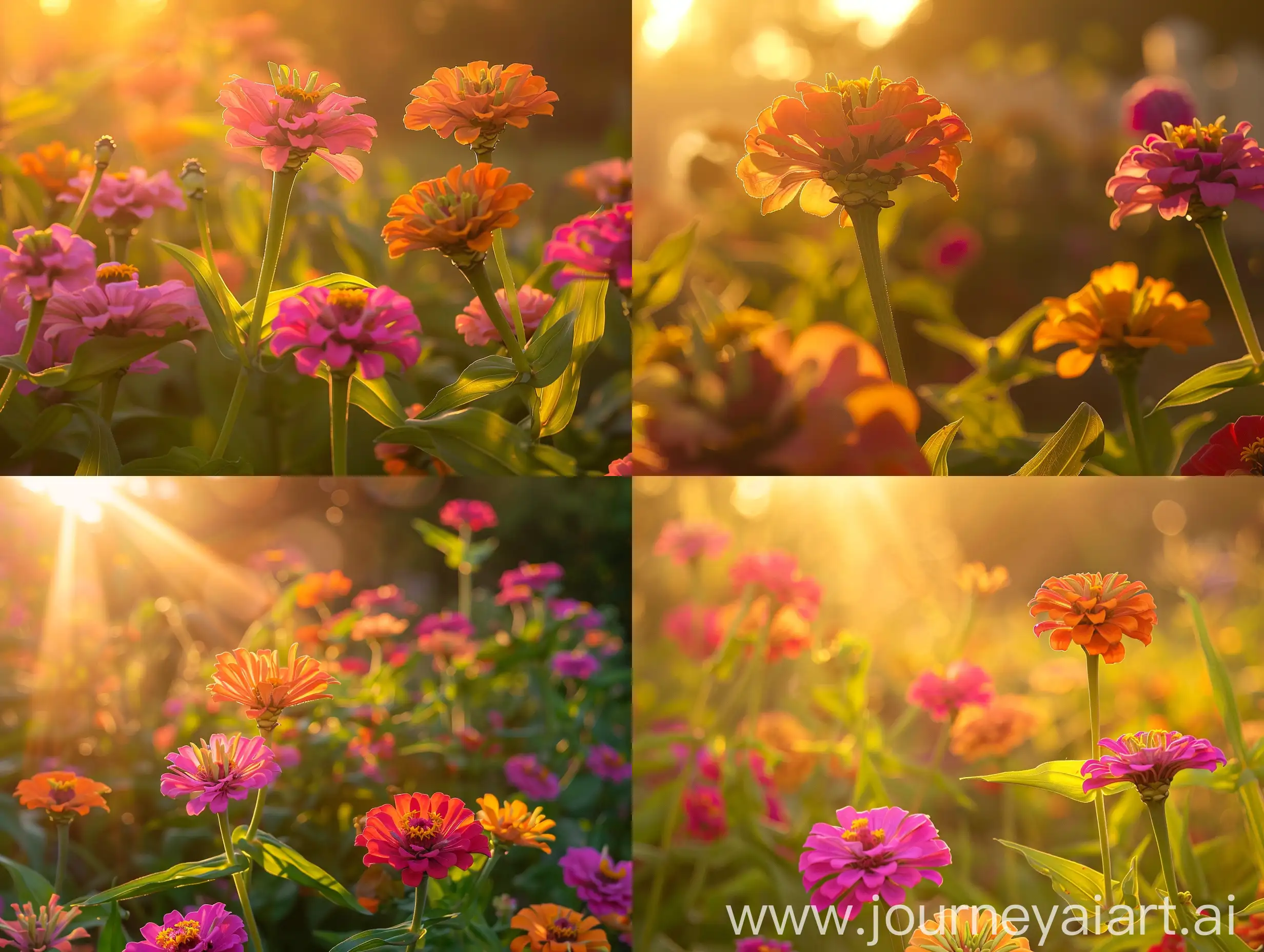 High detailed photo capturing a Zinnia, Border Beauty Mix. The sun, casting a warm, golden glow, bathes the scene in a serene ambiance, illuminating the intricate details of each element.  The image evokes a sense of tranquility and natural beauty, inviting viewers to immerse themselves in the splendor of the landscape. --ar 16:9 