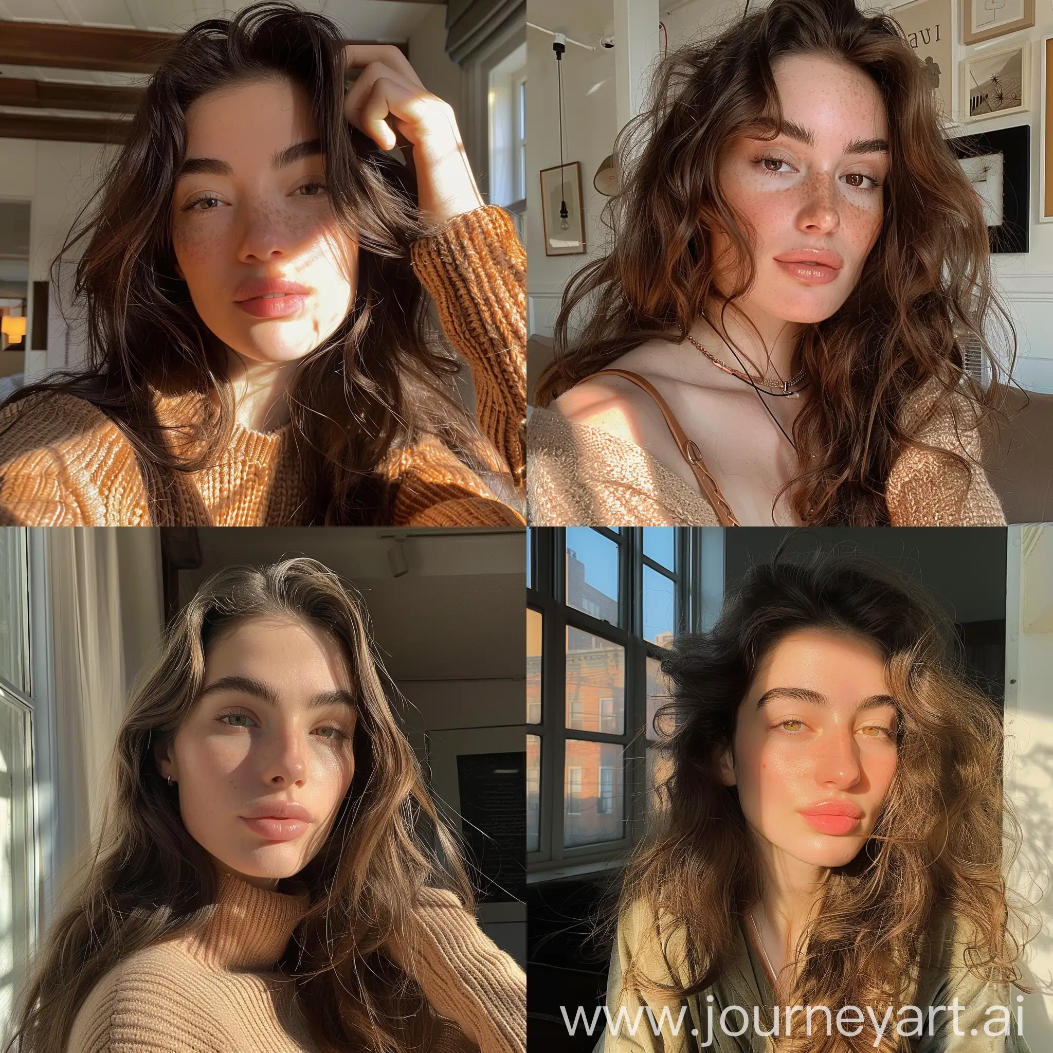 Aesthetic Instagram selfie of a 23 year old girl influencer, super model, bushy eyebrows, full hair, in NYC apartment, warm brown tones, casual clothing, smirk, gorgeous, profile shot, wide set, portrait profile selfie