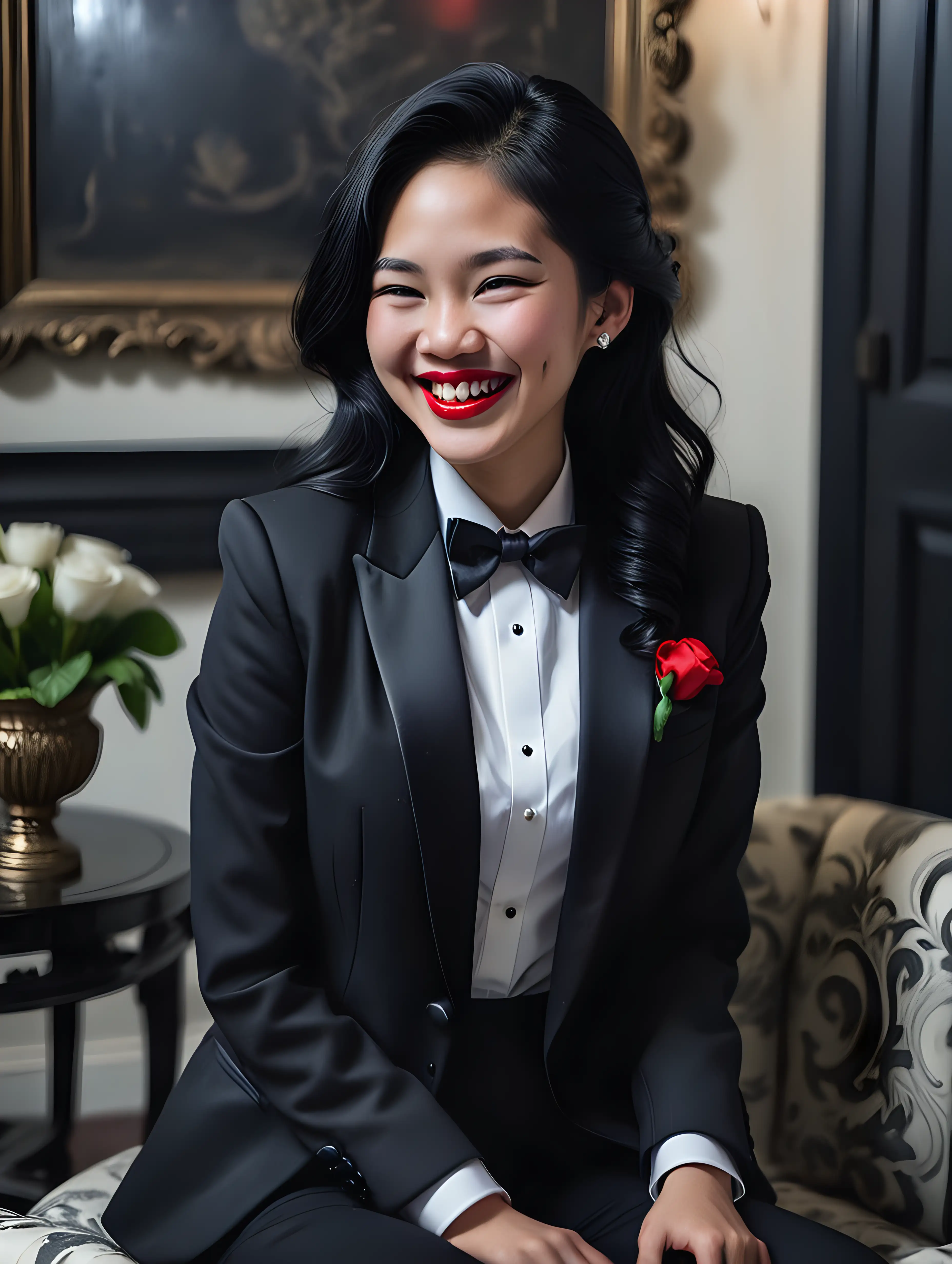 A smiling and laughing 30 year old Vietnamese woman with long black hair and red lipstick is sitting in a dark room in a mansion. She is facing forward. She is wearing a tuxedo with a black jacket with a corsage and a white shirt and a black bowtie and black cufflinks and black pants. She is relaxed. Her jacket is open.