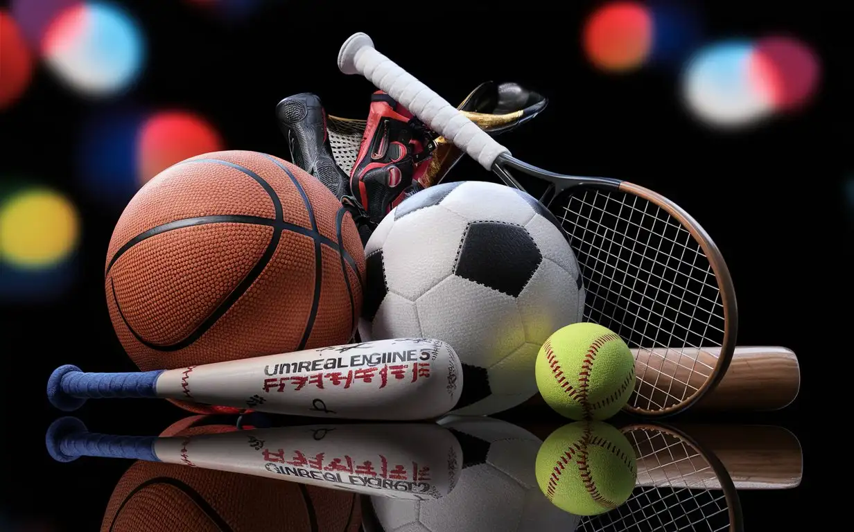 A digital illustration of sport equipment for a sports magazine cover design or wallpaper. High quality depth of field with V-Ray tracing and Unreal Engine 5 rendering create a photorealistic image with bokeh detail in the style of various artists. --ar 128:89 --v 6.0 --style raw