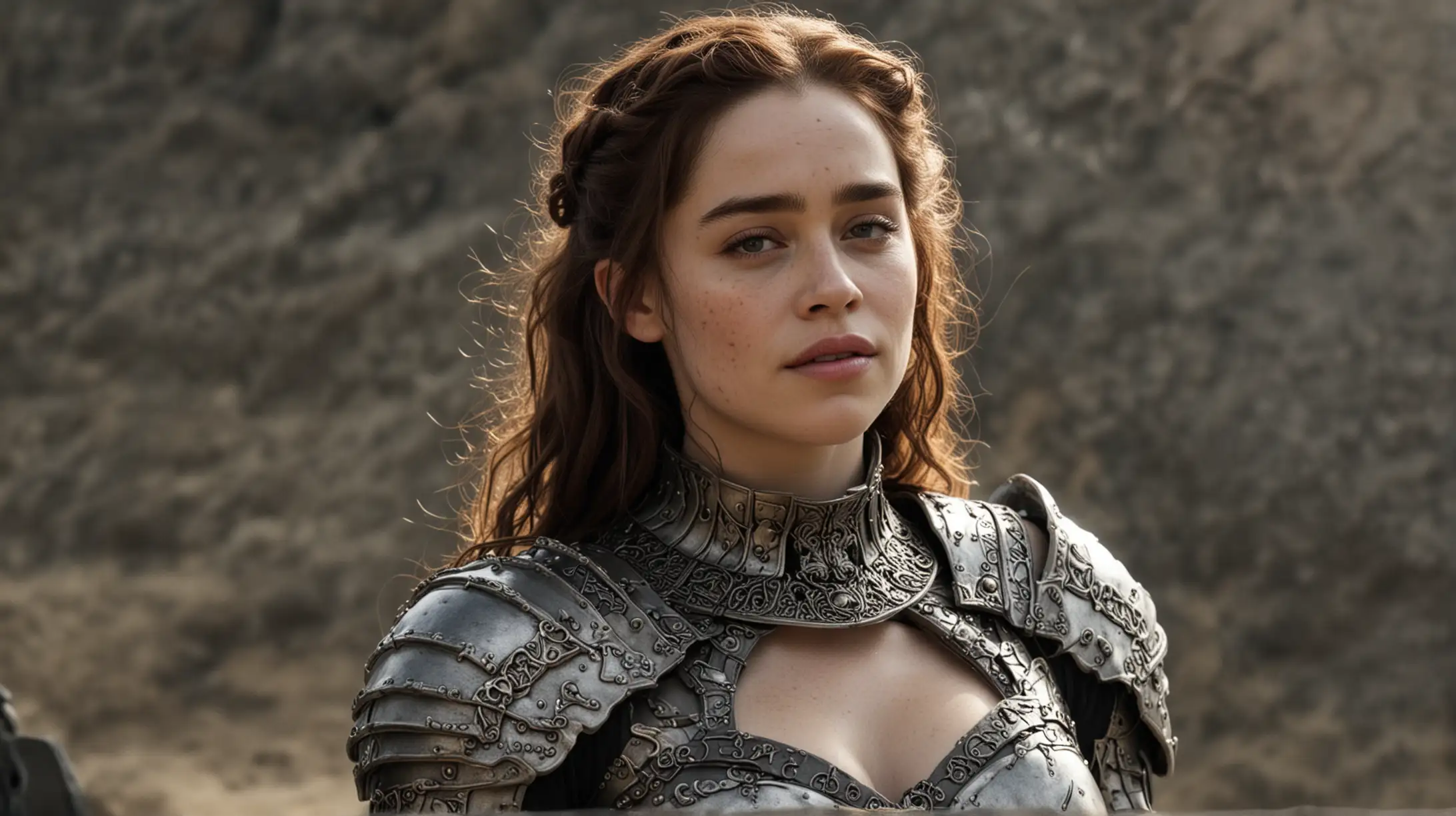 Emilia Clarke in Freckled Armor Battles the Skeleton King under Natural Lighting