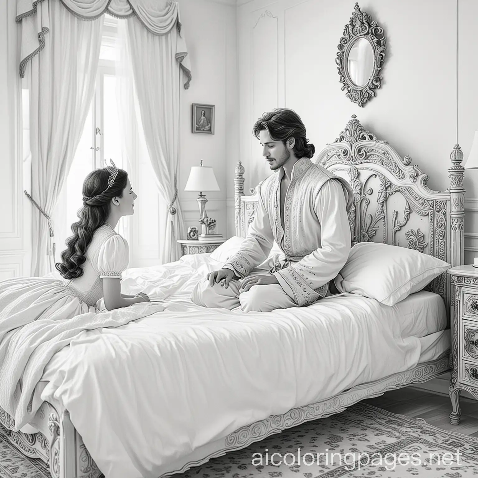  young prince talking to princess in her bed room.
, Coloring Page, black and white, line art, white background, Simplicity, Ample White Space. The background of the coloring page is plain white to make it easy for young children to color within the lines. The outlines of all the subjects are easy to distinguish, making it simple for kids to color without too much difficulty