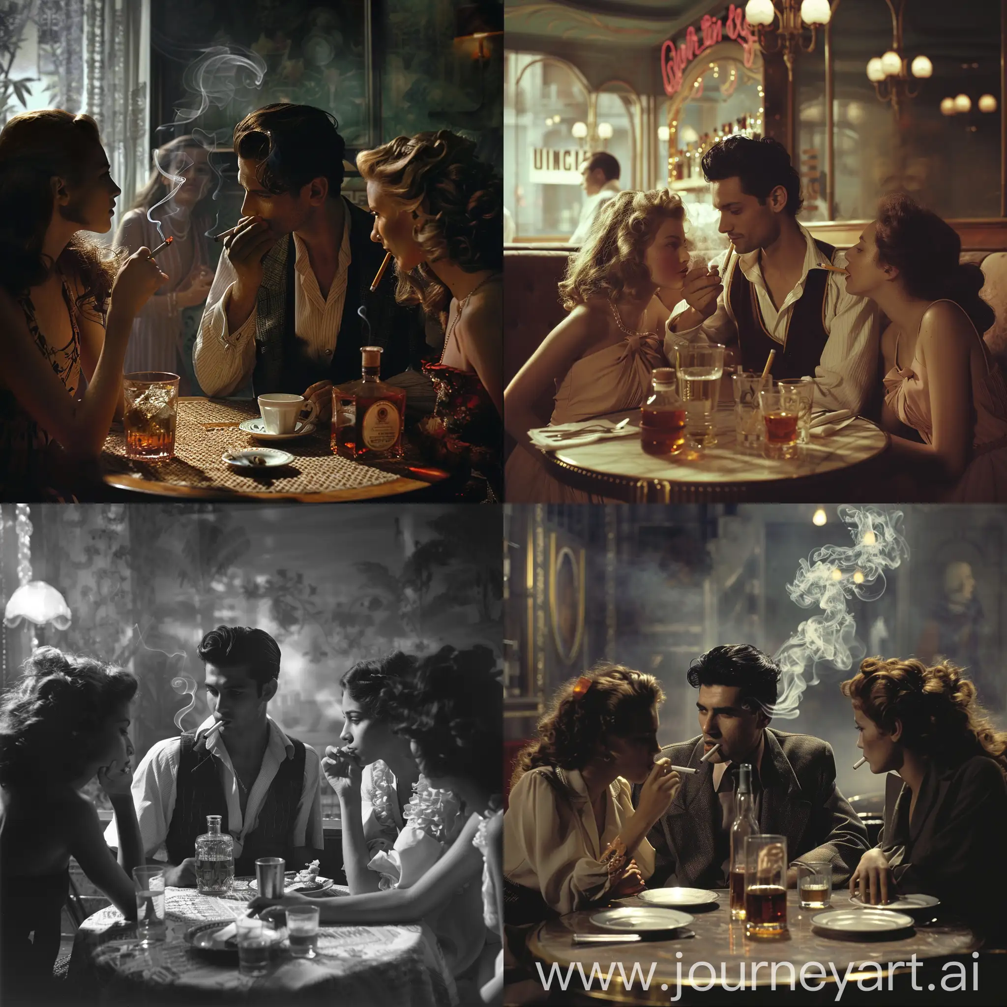 A man in classic clothes, smoking, with two girls in a cafe, liquor on the table, cigarette in his mouth, cinematography,