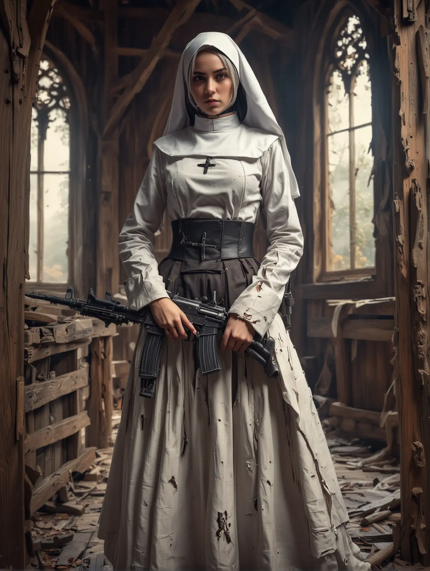 Highly detailed photography of a beautiful woman in cosplay as a nun with torn clothes, holding machine gun, standing in war action pose on the old wooden church, moody face, full body view, intricate details, sharp focus, matte colorful organic shape, masterpiece art, high resolution, semi-realism anime