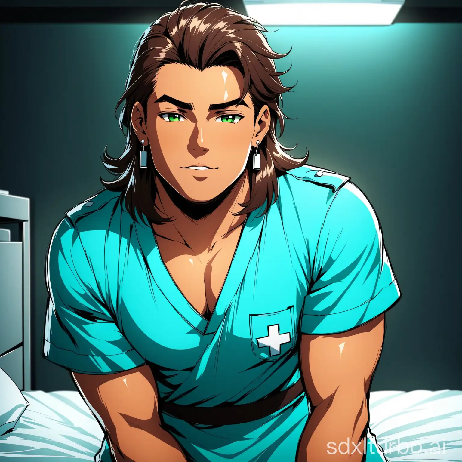 A tanned handsome chubby young man, mullet brown hair, green eyes, earrings, with blue nurse uniform, sensual posing in the back, in a dark room