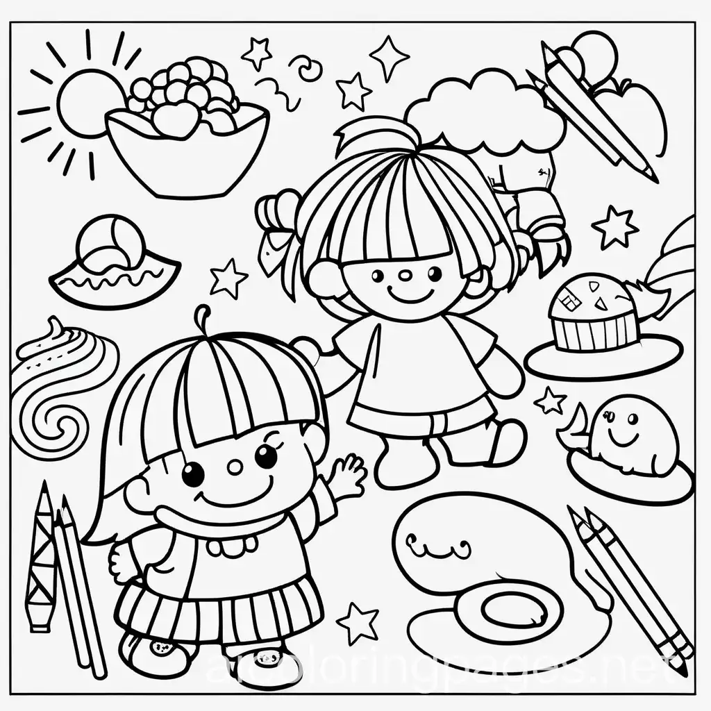 kids being helpful: coloring page, Coloring Page, black and white, line art, white background, Simplicity, Ample White Space. The background of the coloring page is plain white to make it easy for young children to color within the lines. The outlines of all the subjects are easy to distinguish, making it simple for kids to color without too much difficulty