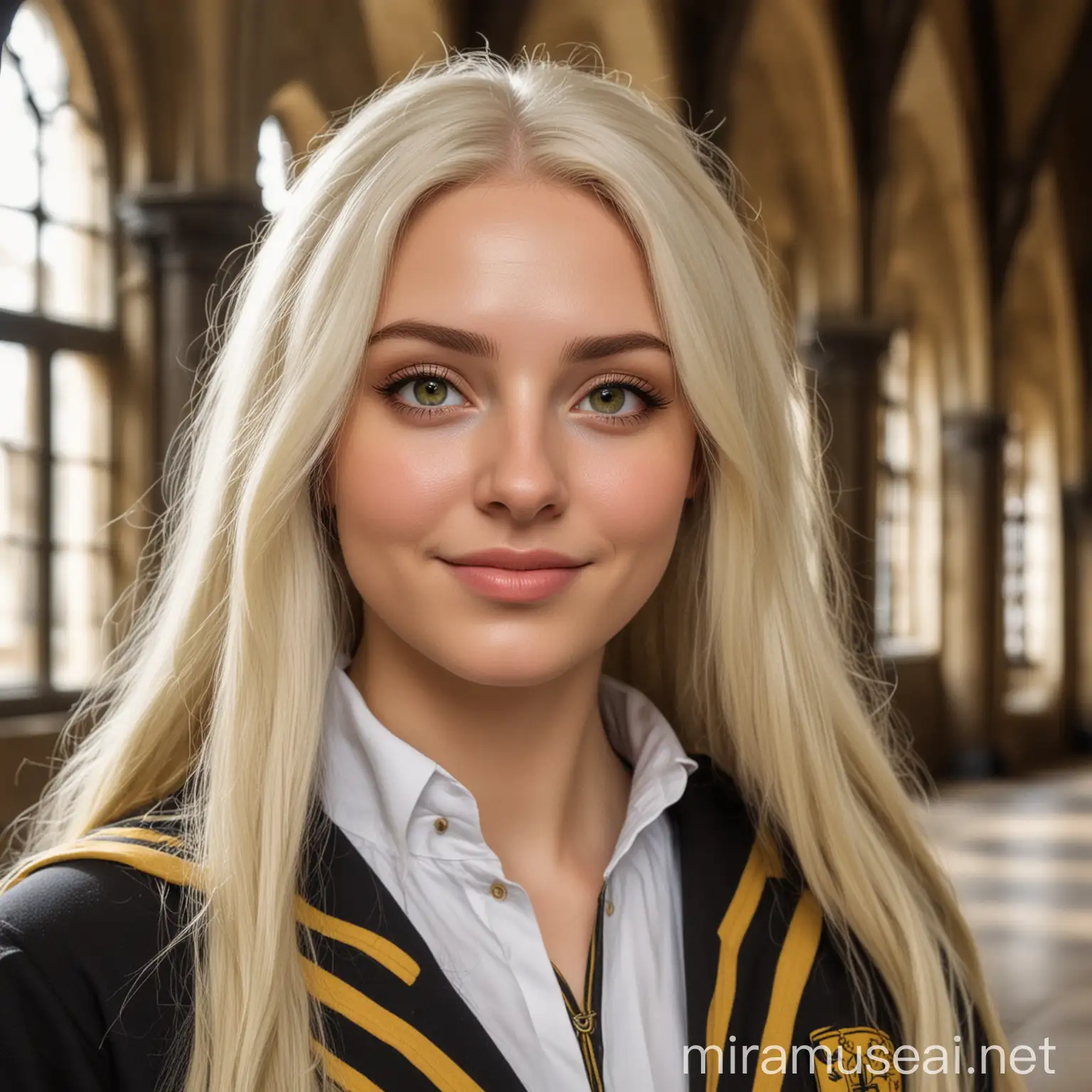 Photo, realistic, beautiful woman, pale, almond shaped sage green eyes, long platinum hair, round cheeks, Roman Nose, scar on right cheek, mole under left eye, full narrow lips, smiling brightly, wearing a Hufflepuff uniform, stood in old great hall