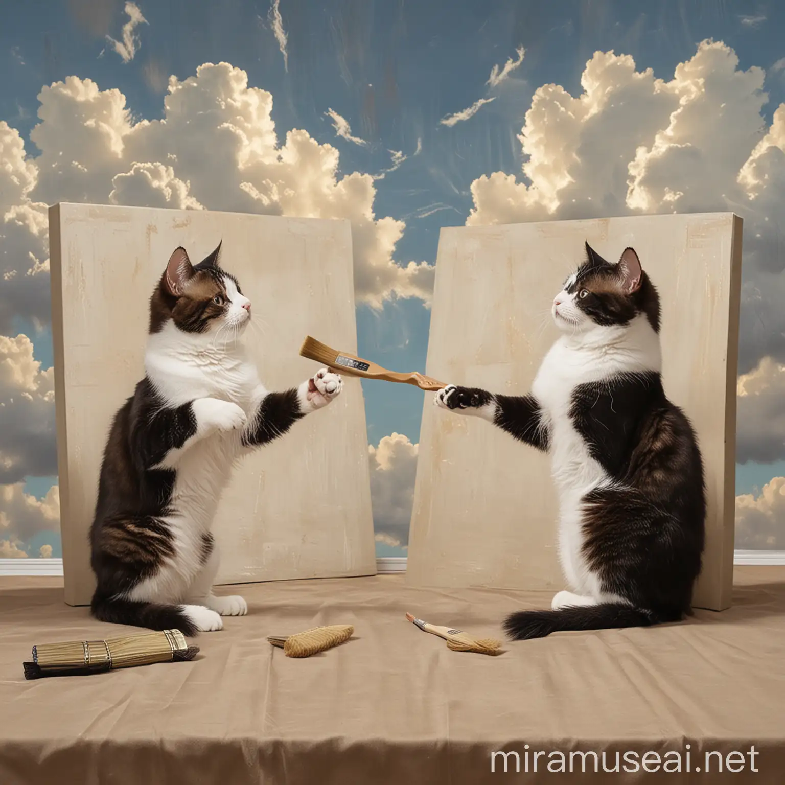 Two Cats Painting on Canvas with Cloudy Sky Background