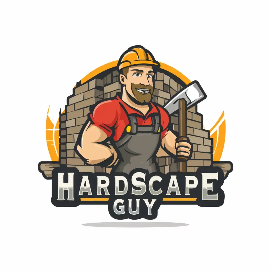 a logo design,with the text "I'm looking for someone to design a character type logo for a business page on Facebook. The name of the page that I am branding is "That Hardscape Guy". I'm looking for it to be an adult muscular man that appeals as a construction worker that is building an outdoor living space. May have to research some photos to get a better idea. I'd like for him to be posing boldly with maybe a big brick in one hand and a concrete saw in the other. May be cool to have a skid steer off to the right or left in the background with the wall of the hardscape in front of that.", main symbol:Im looking for someone to design a character type logo for a business page on Facebook. The name of the page that I am branding is "That Hardscape Guy" Im looking for it to be an adult muscular man that appeals as a construction worker that is building an outdoor living space. may have to research some photos to get a better idea. Id like for him to be posing boldly with maybe a big brick in one hand and a concrete saw in the other. May be cool to have a skid steer off to the right or left in the background with the wall of the hardscape in front of that.,Moderate,clear background
