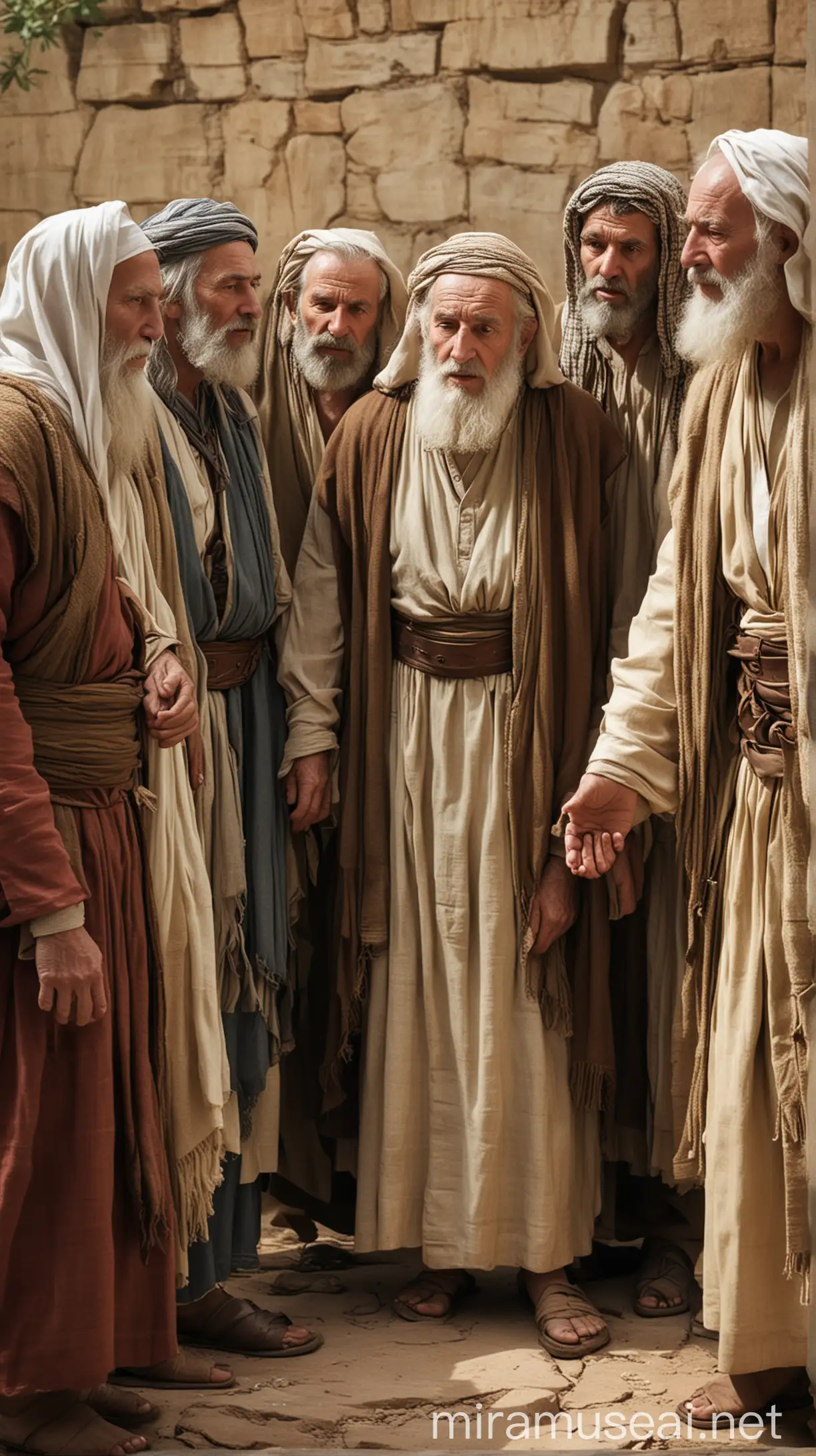 Generate an image of the elders of Israel approaching Samuel. The scene should convey a sense of urgency and concern, with Samuel listening intently to the elders, who appear distressed and desperate for a change in leadership.In ancient world 