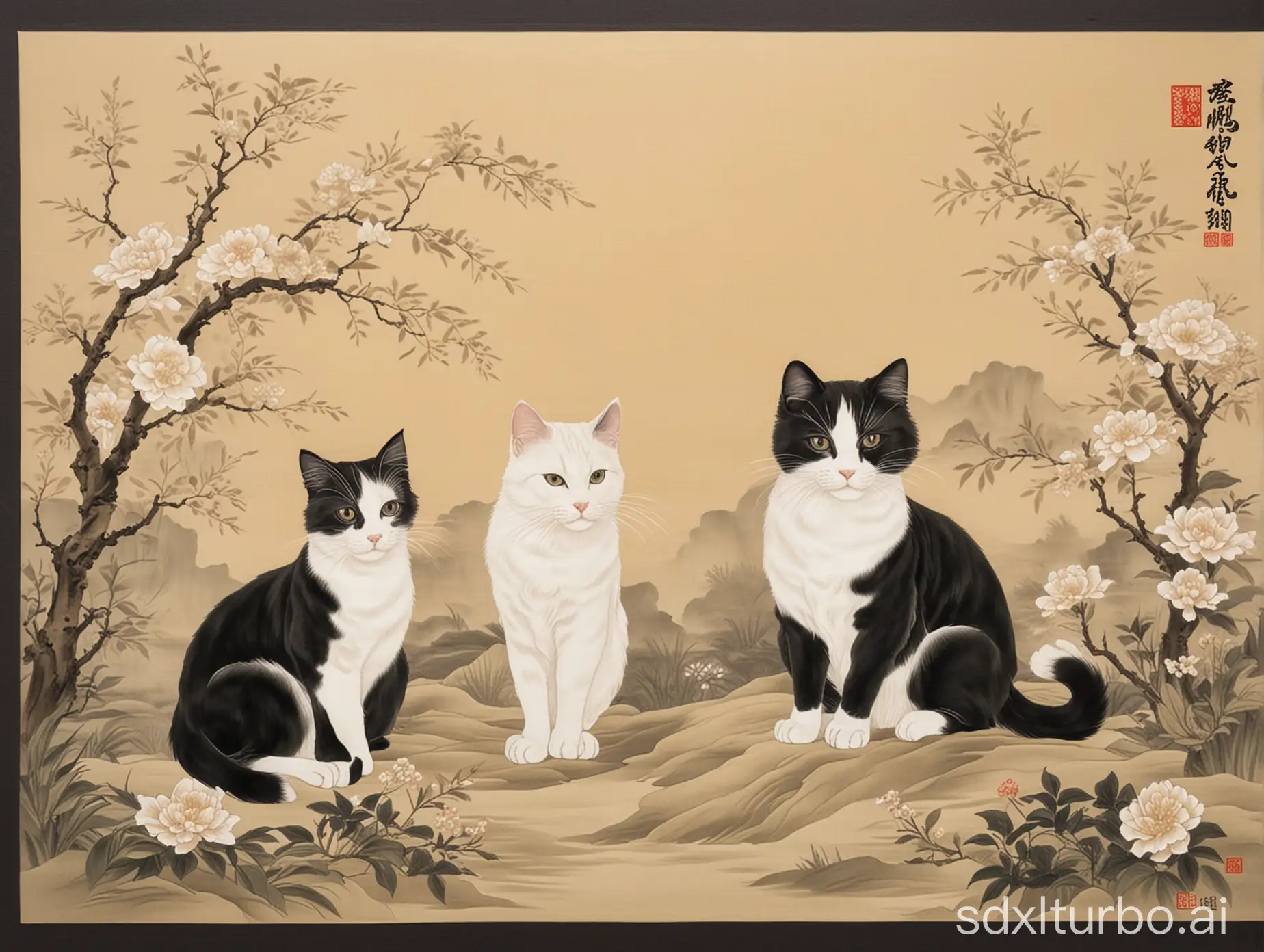 创建 1 个宣纸面板的图像，2只明朝时期风格的黑白相间猫