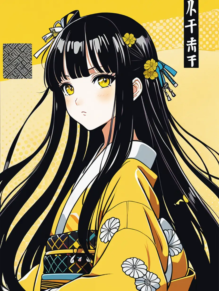a anime girl with lots of yellow and black colors adorned with long black hair in japanese pop art kawaii

