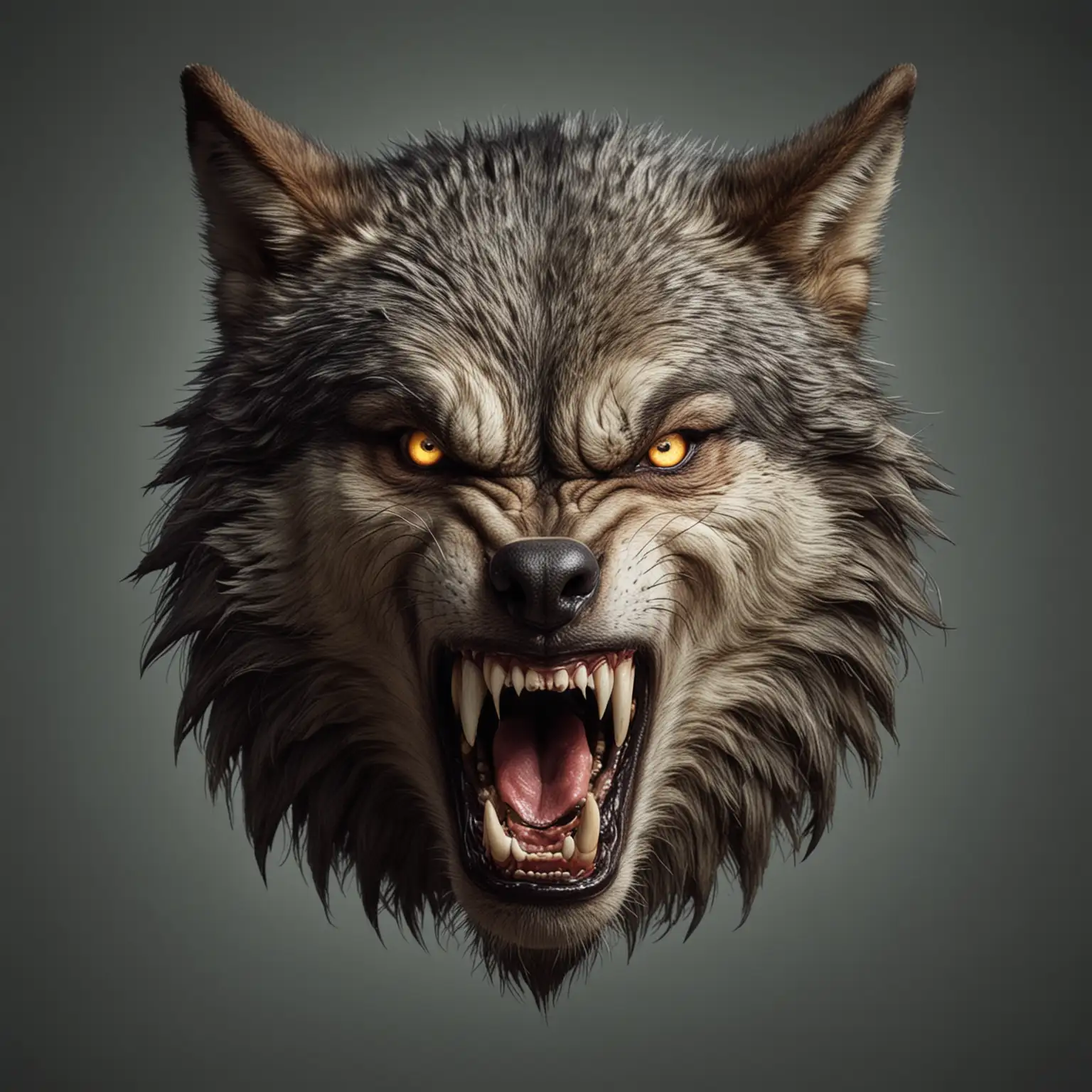 Big angry wolf head with open mouth and fangs out