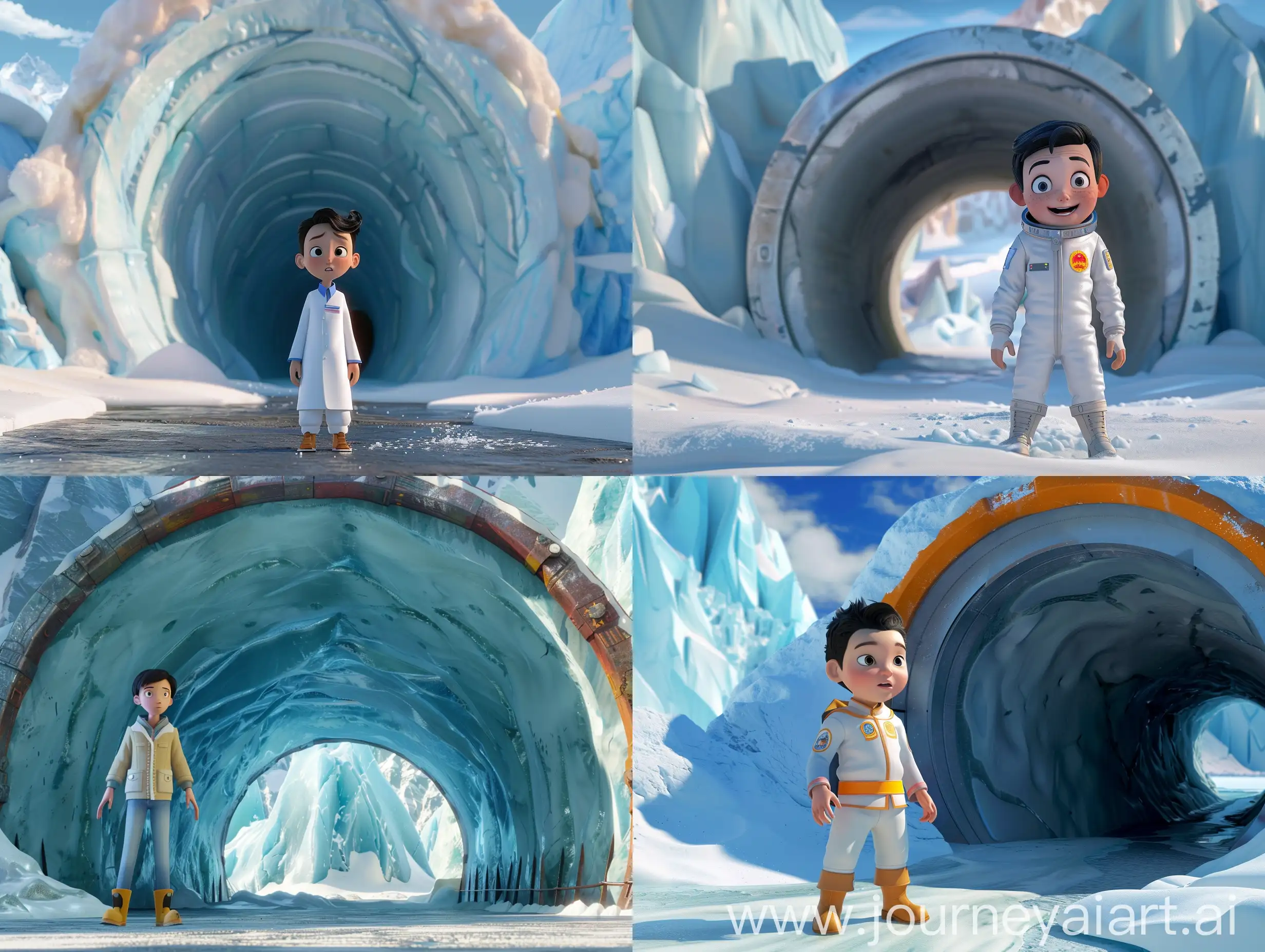中国青年科学家沈渊站在地球隧道入口，背景是壮观的南极景象。3D，迪斯尼动画风格。
