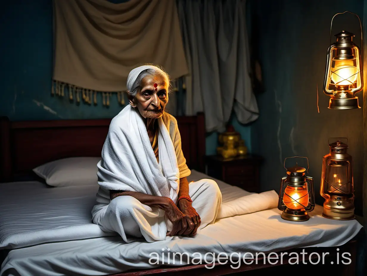 a thin Indian old woman aged 90 years old is sitting on bed mattresses in a bed room wearing only a cotton towel on her body and the towel is on her forehead and on a table there is rice and curry , a cat is near hear and a lantern is on the floor, its a luxurious marble dark room