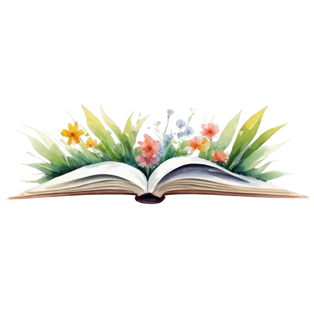 book open to middle page, plants and flowers coming out of book, imagination, watercolor, line art