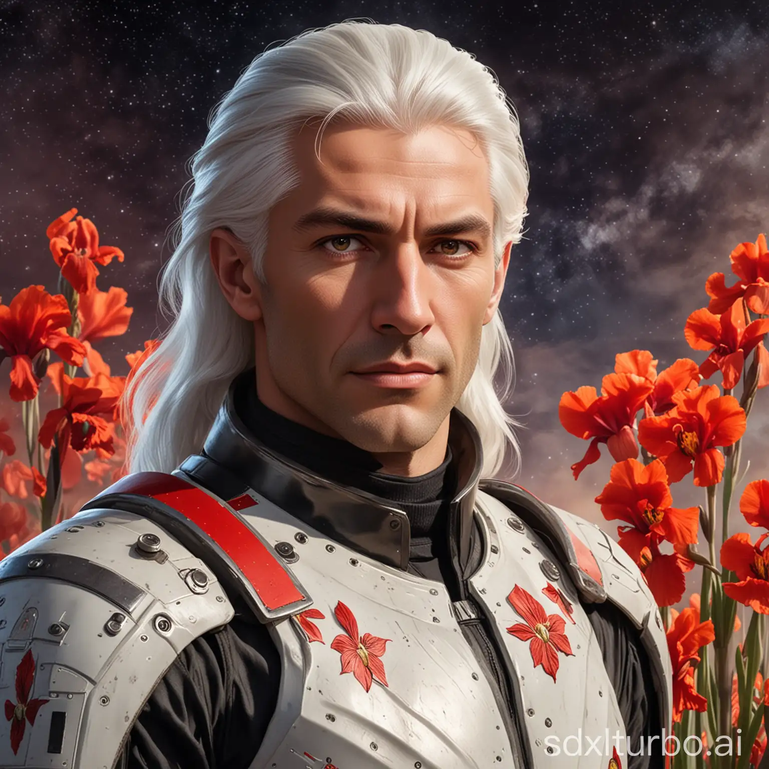 Atlan of Gonozal, a man from Arkon, white-haired, with red irises, tall and slim, 38 years old, a space officer with shoulder-length hair.