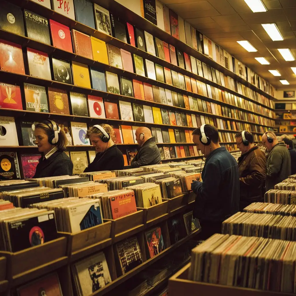 A vintage vinyl record store with albums and headphones