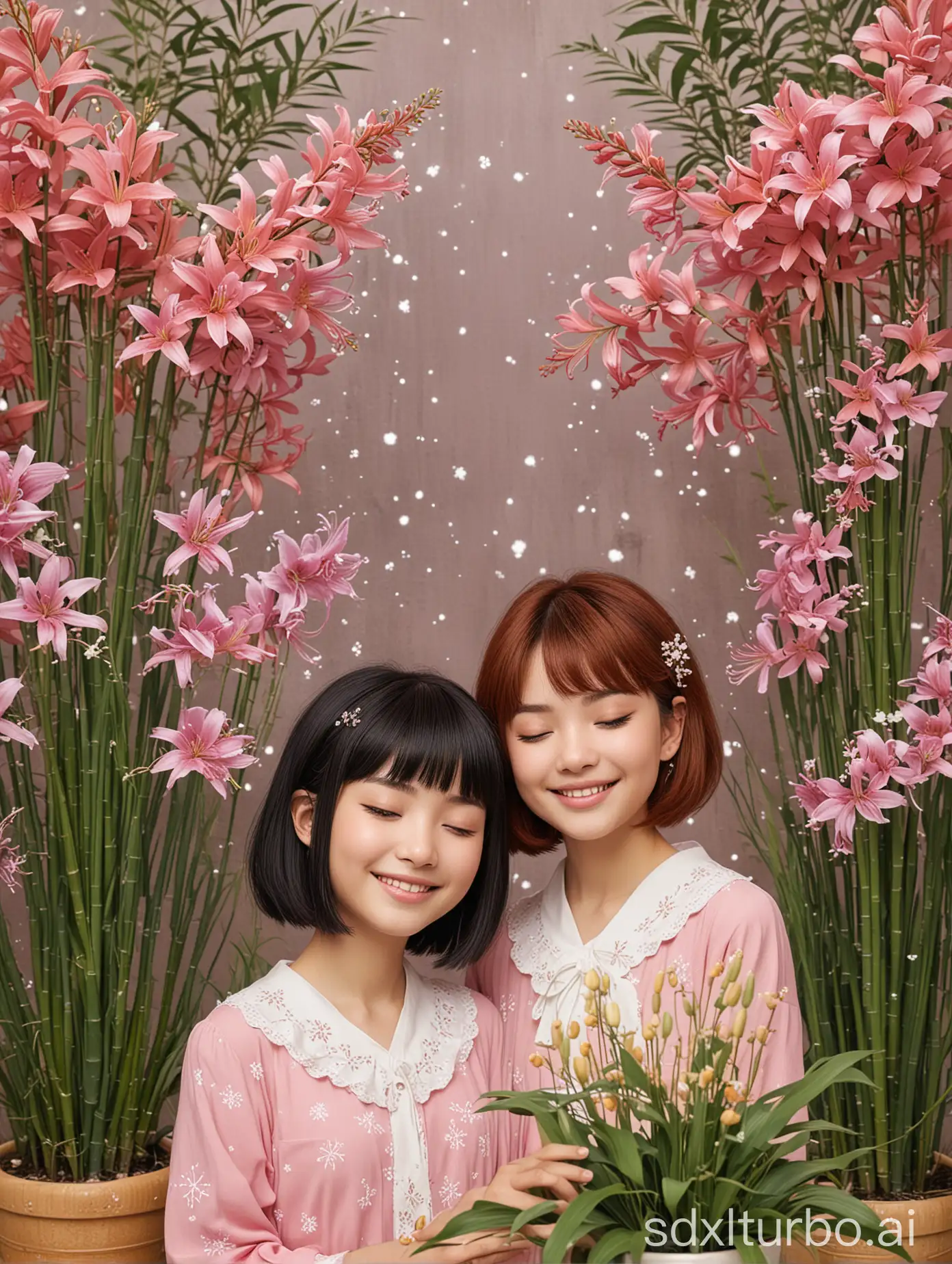 2girls, artist name, bamboo, bangs, bare tree, berry, black hair, bouquet, branch, closed eyes, daisy, dandelion, floral background, flower, flower field, flower pot, ivy, leaf, leaf background, lily \(flower\), lily of the valley, long hair, long sleeves, multiple girls, orange flower, palm tree, pink background, plant, potted plant, purple flower, red flower, short hair, smile, snowflakes, spider lily, tanabata, tanzaku, tree, tulip, vase, white flower, wisteria, yellow flower