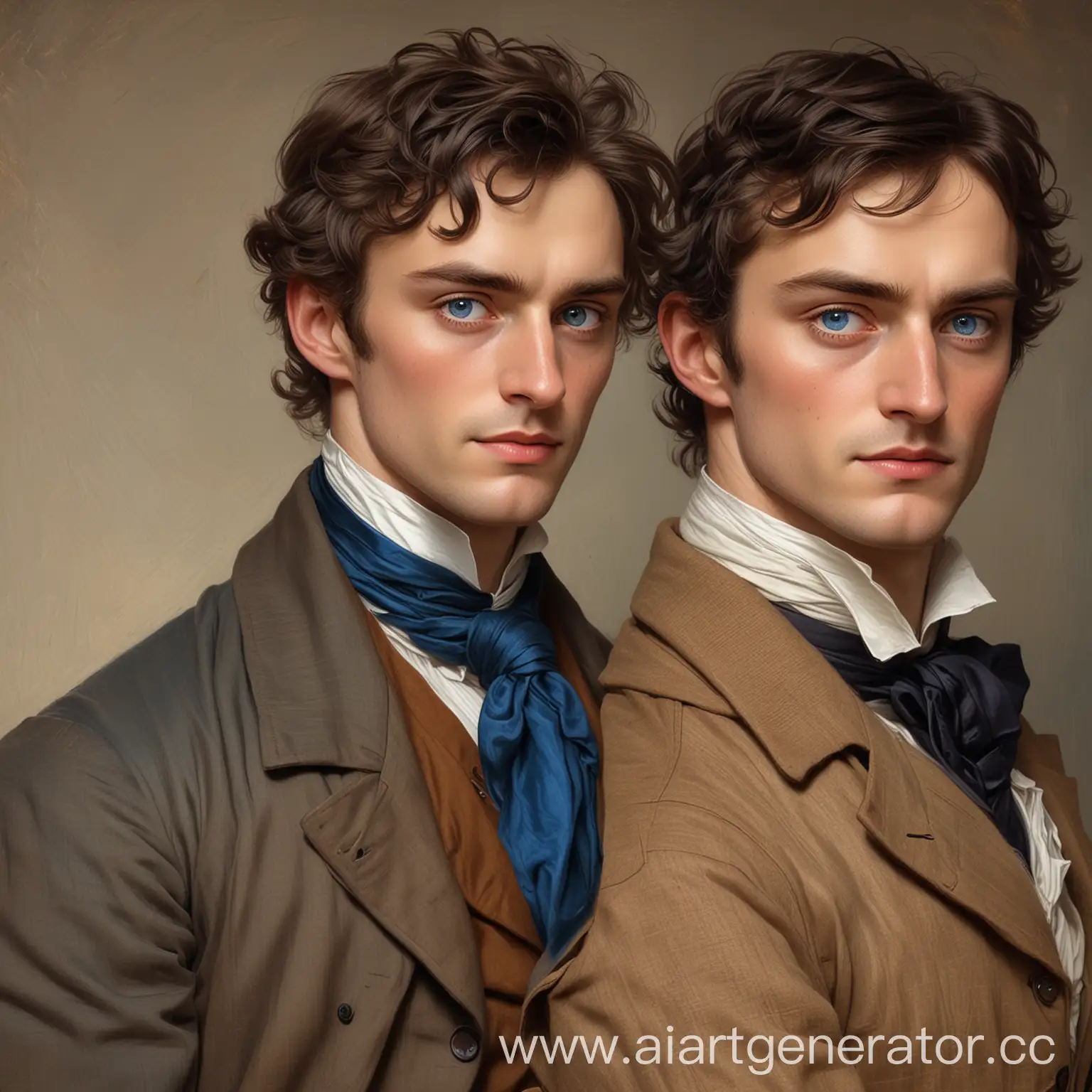 нарисуй двух мужчин, один из которых властный с тонкими, аристократичными чертами лица, стройной фигурой, глубоким взглядом синих глаз холодно смотрит на высокого мужчину с карими тёплыми глазами, слегка потрёпанный в одежде секретаря 19 века