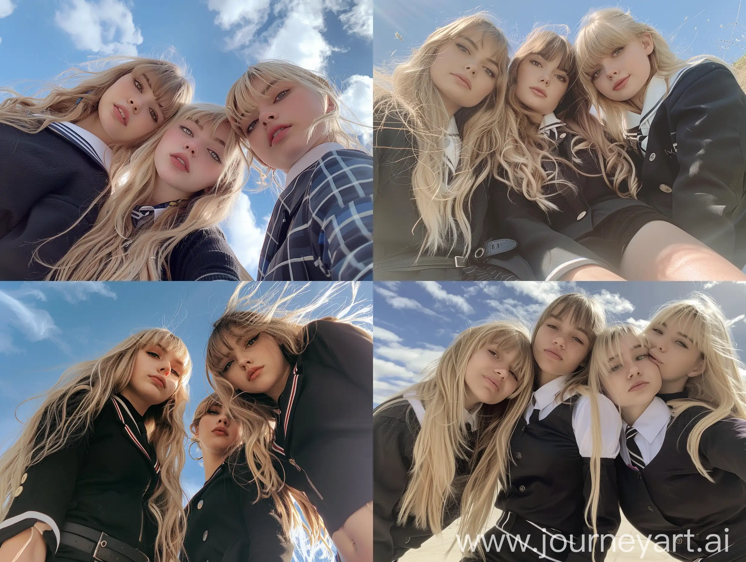 Three-Young-Women-in-Trendy-School-Uniforms-Taking-Natural-Selfies