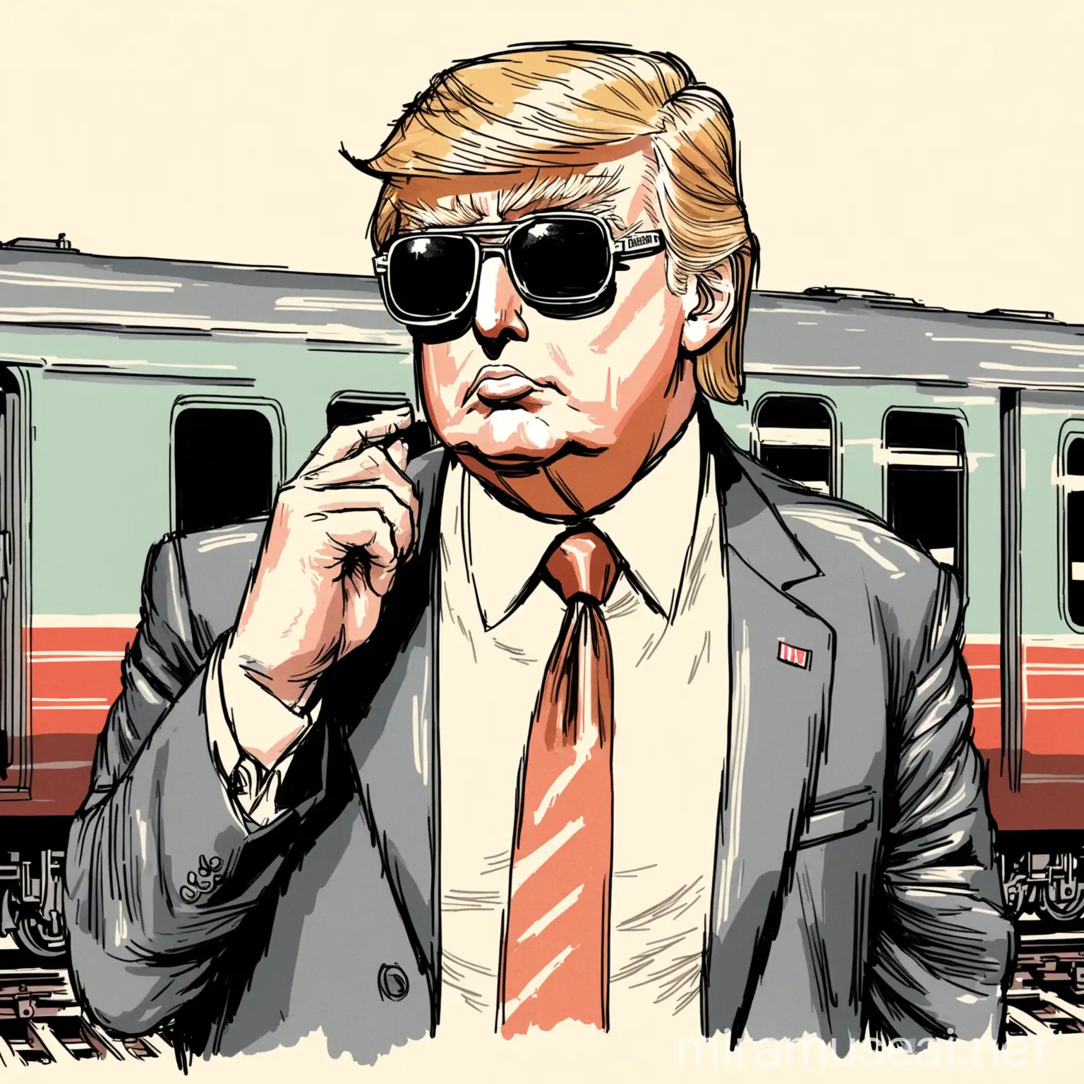 Donald Trump Wearing Sunglasses with Train Background