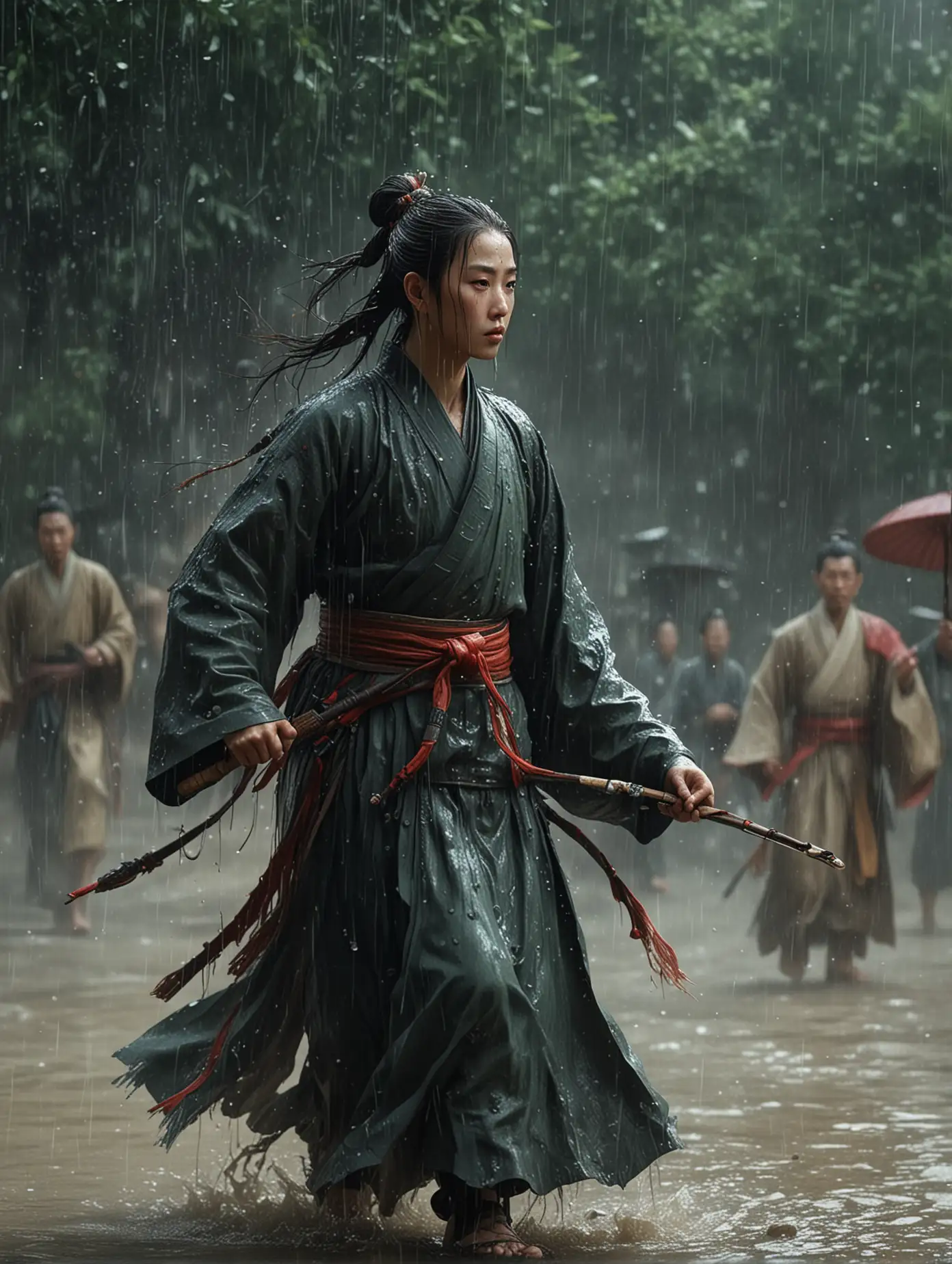 Heavy rain, 8k HD, illustrations, fine brushwork, Song Dynasty, rich imagination, ancient Song Dynasty people, ultra-clear close-up, martial arts novels.