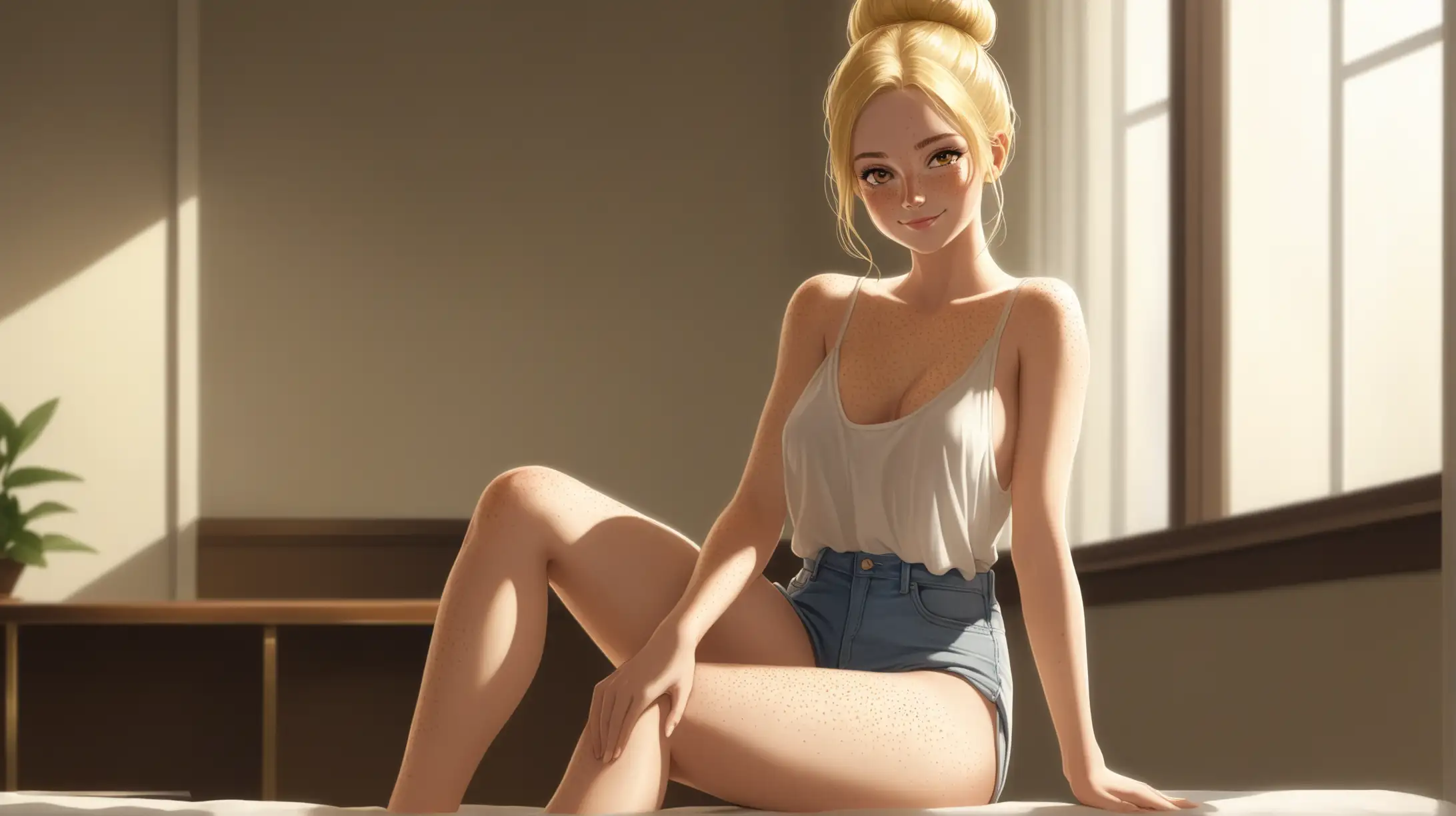 Draw a woman, long blonde hair in a bun, gold eyes, freckles, perky figure, relaxed outfit, high quality, long shot, indoors, seductive, sitting, natural lighting, smiling at the viewer
