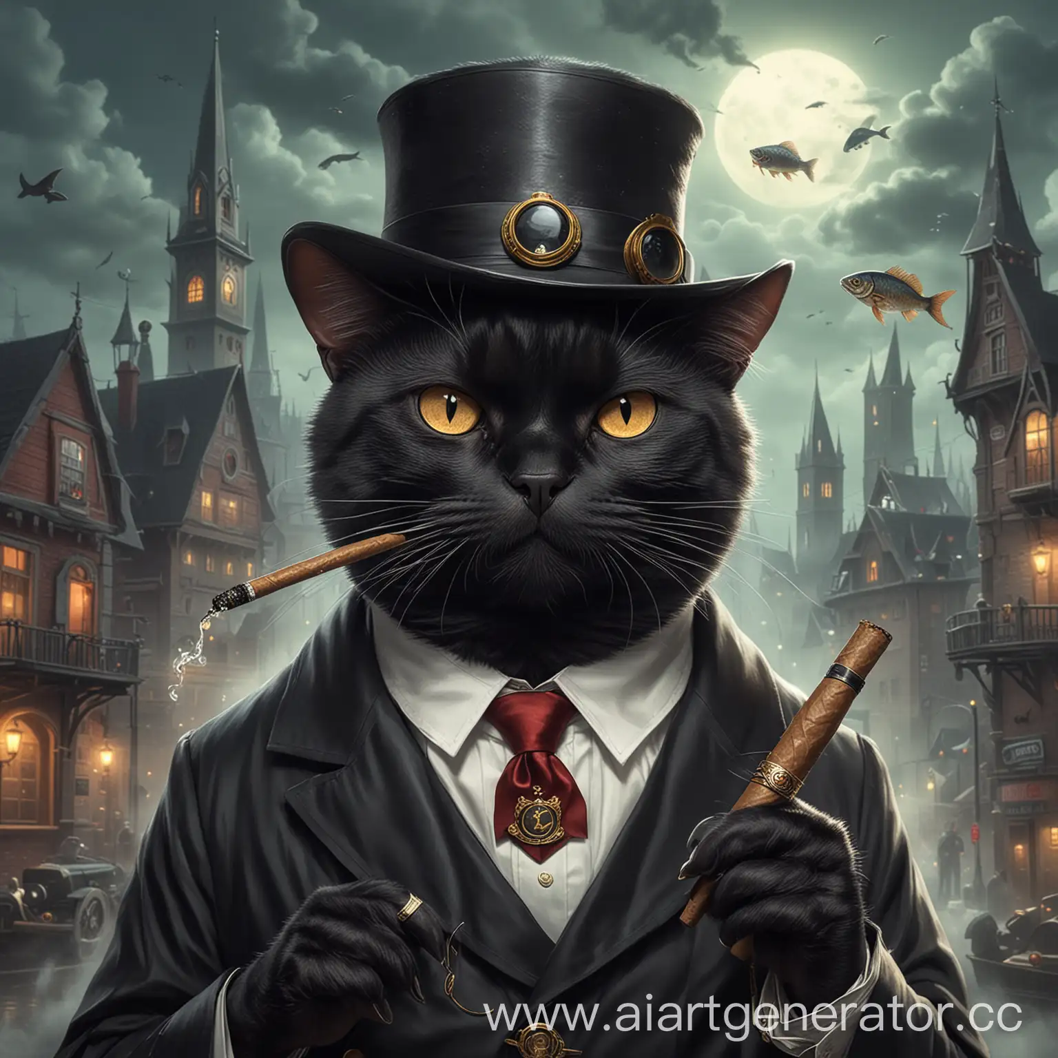 черный злой кот мэр кошачьего города с сигарой и рыбкой