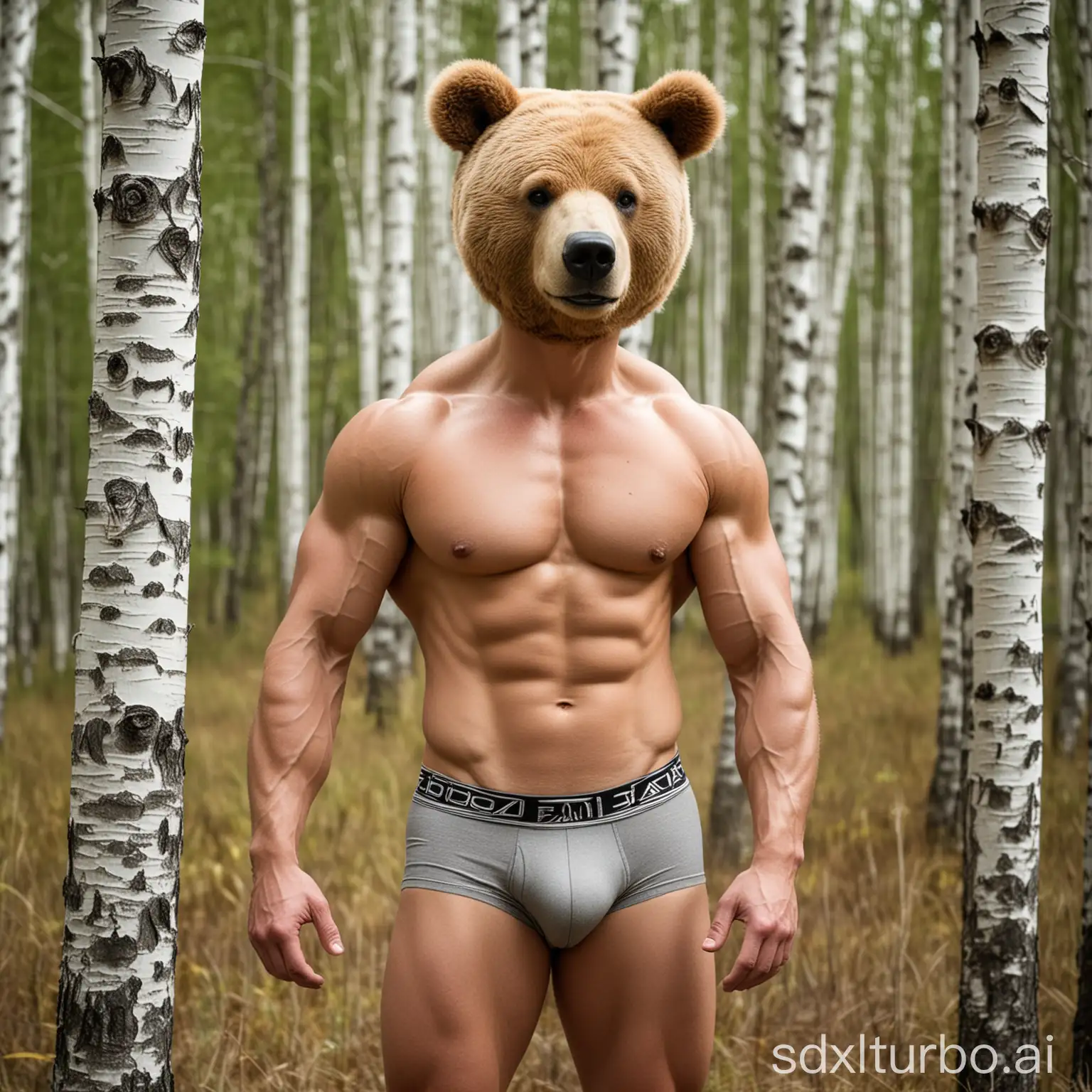 over-bodybuilder man in underpants with a bear head on the front of them in a birch grove, a real photo pentax 55mm f/1.6 helios-44m, epic, dynamic