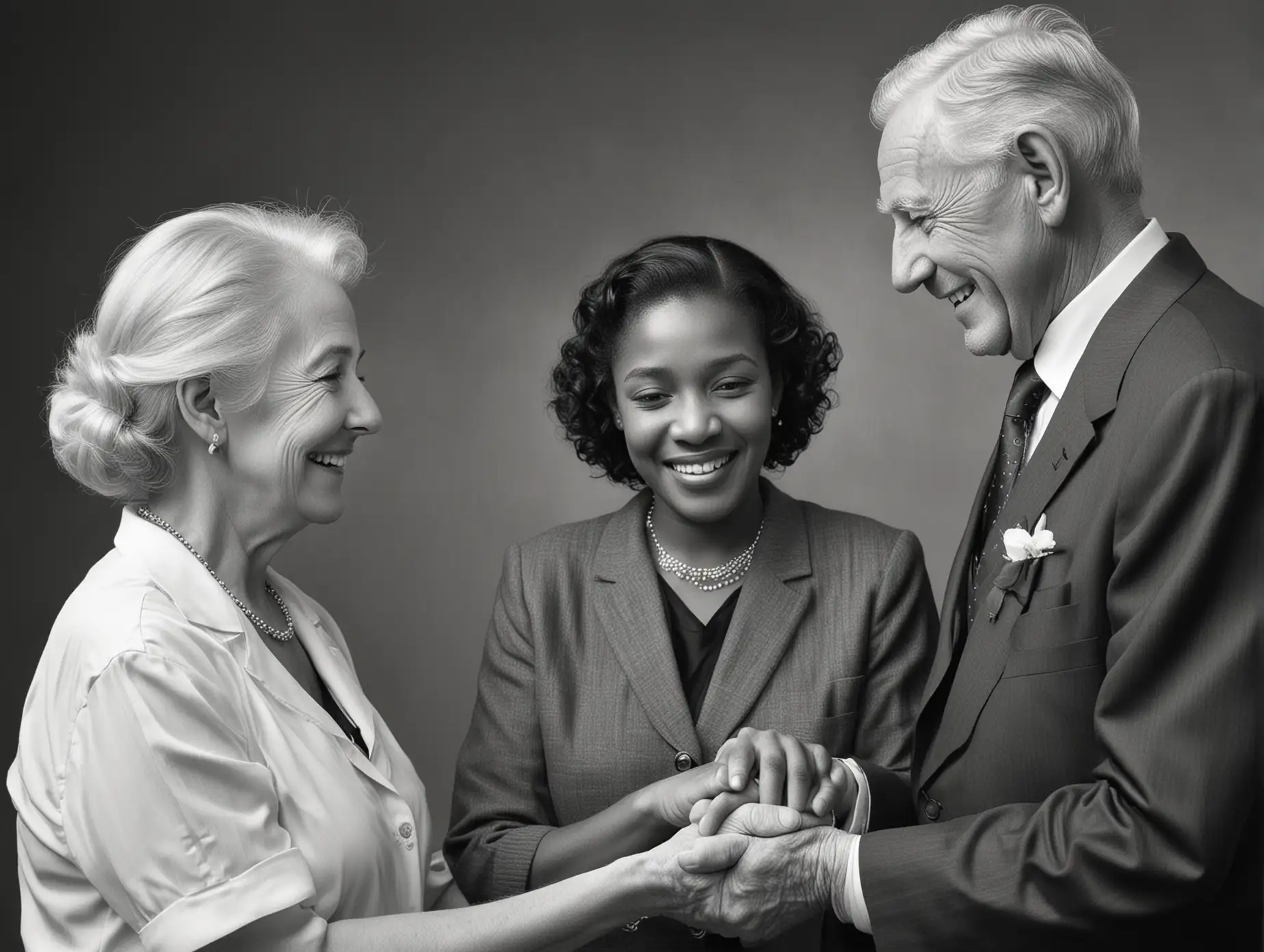realistic black and white photograph elderly White male congratulating a young Black heterosexual married couple