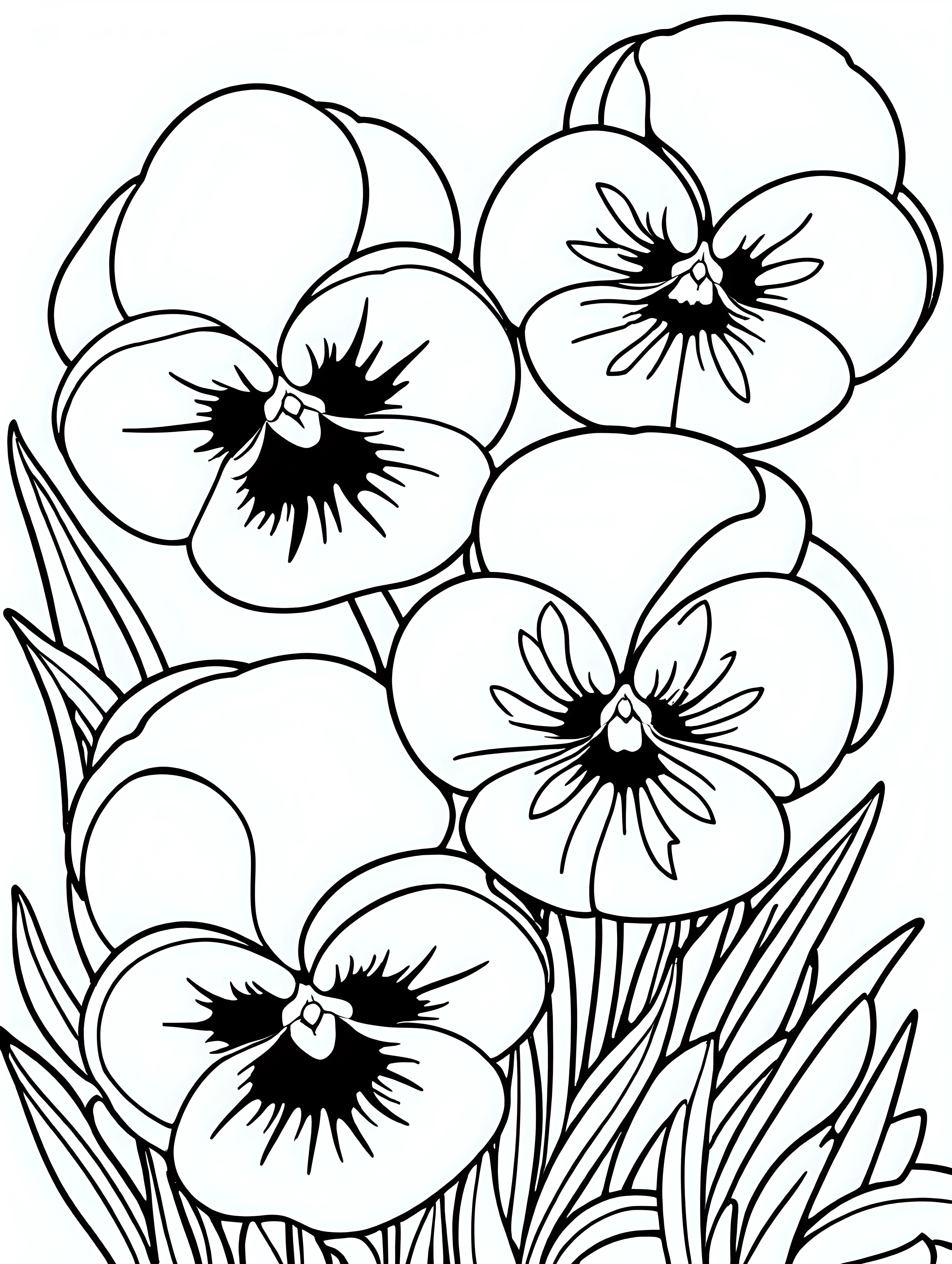 Cartoon Style Black and White Pansies Coloring Page