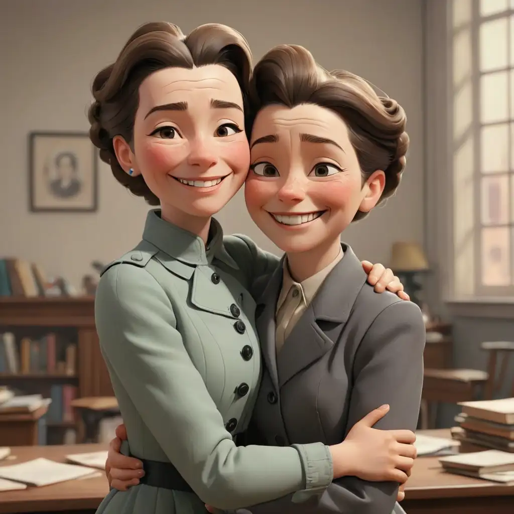 Симона де Бовуар обнимает свою студентку и очень ехидно улыбается. без фона. стиль реализм, 3д-анимация.
