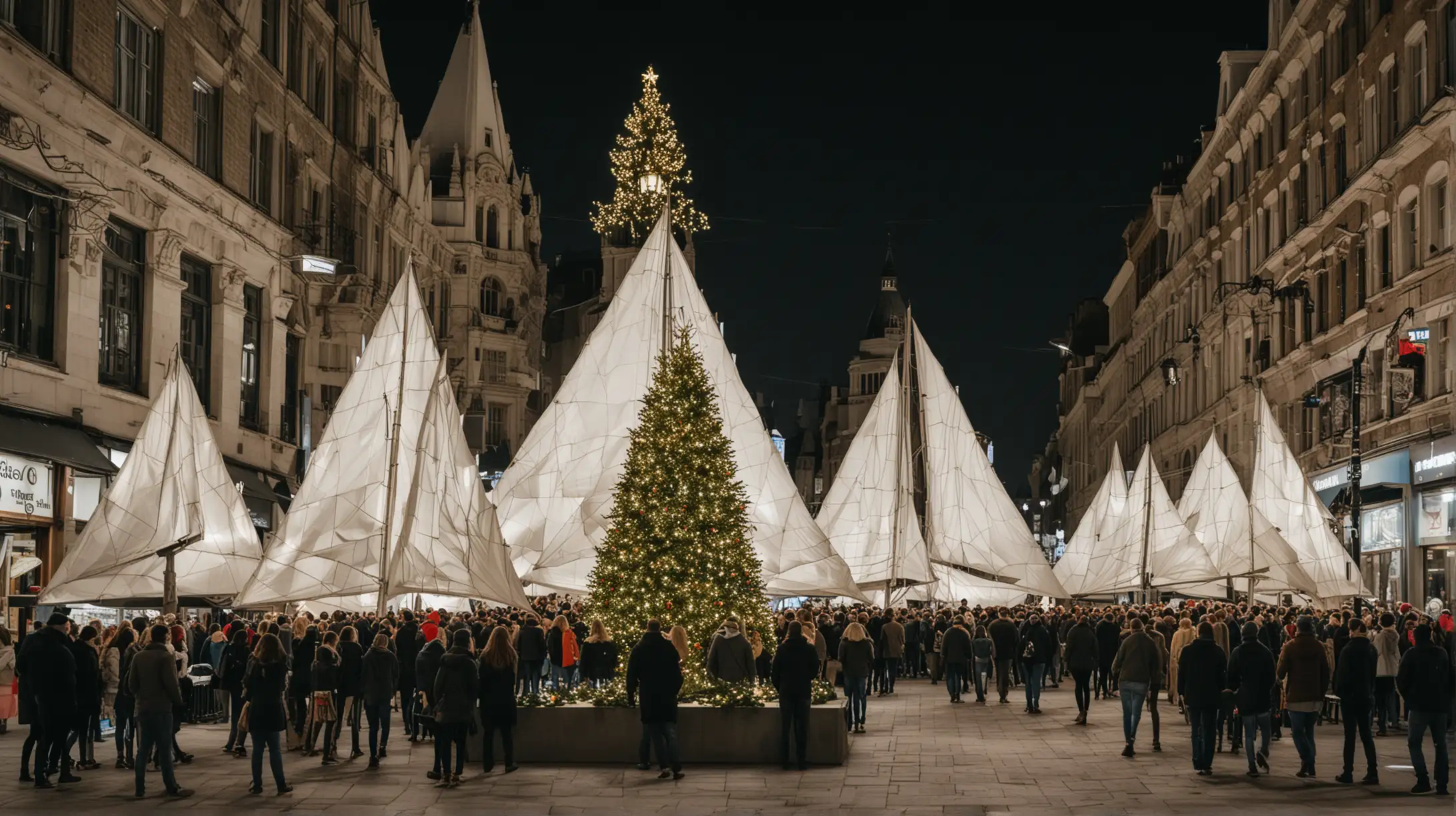 Architectural Christmas Tree with Sail Boat Fabric in City Center