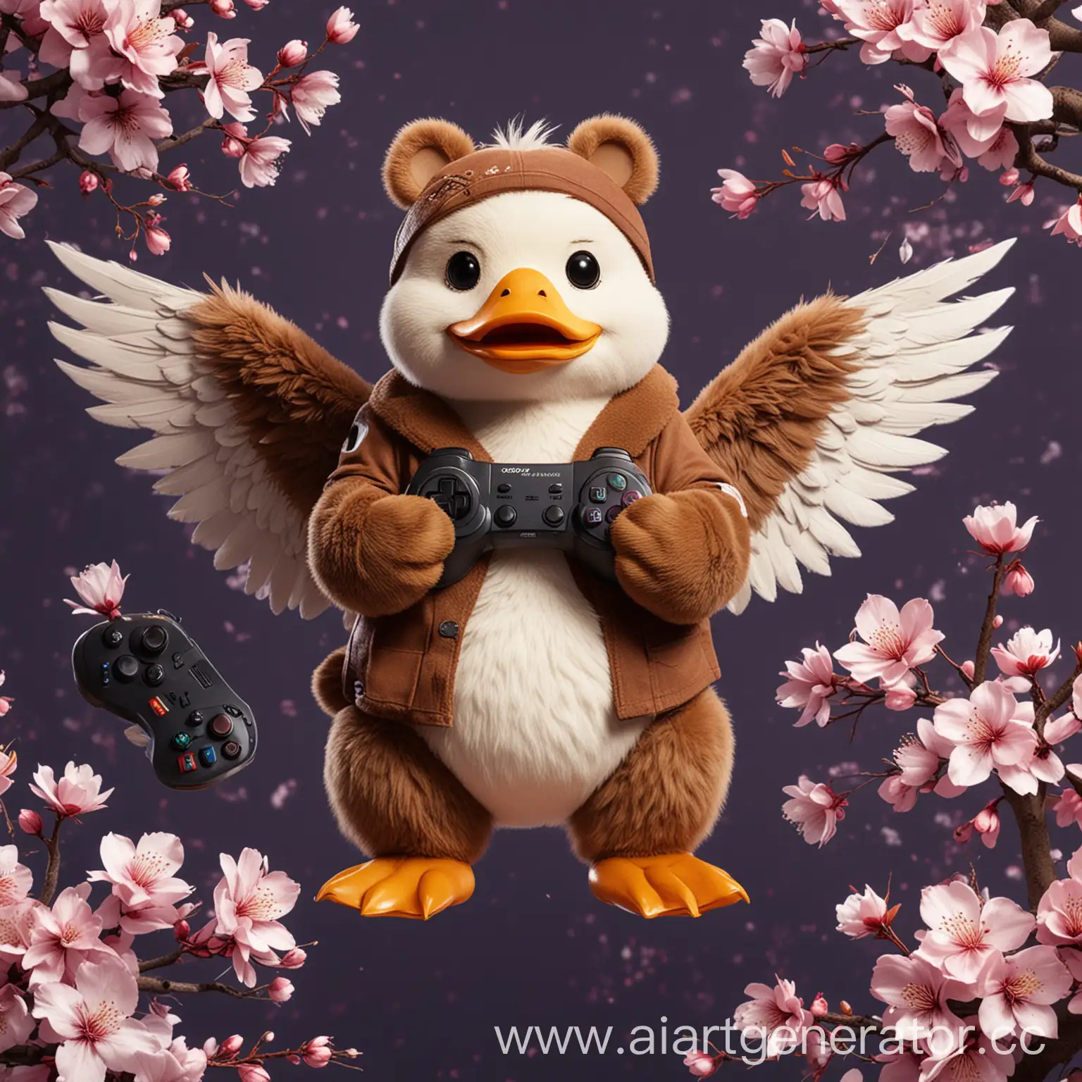 2D утёнок в костюме медвежонка гризли, на фоне цветущей сакуры с геймпадом в крыльях