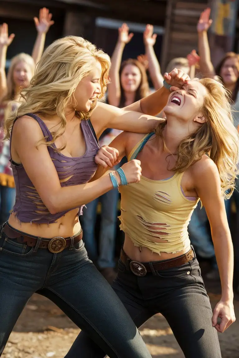 Beautiful Blonde young woman with shoulder length hair in torn purple tank top and torn jeans fighting with beautiful blonde young woman in torn yellow tank top and torn jeans in a wild west saloon. Expressive wincing faces. Blonde young woman is punching the face of the blonde young woman with both hands. Blonde young woman is falling back with her head tilted back and her eyes closed. crowd of women cheering. Epic, action television fight scene