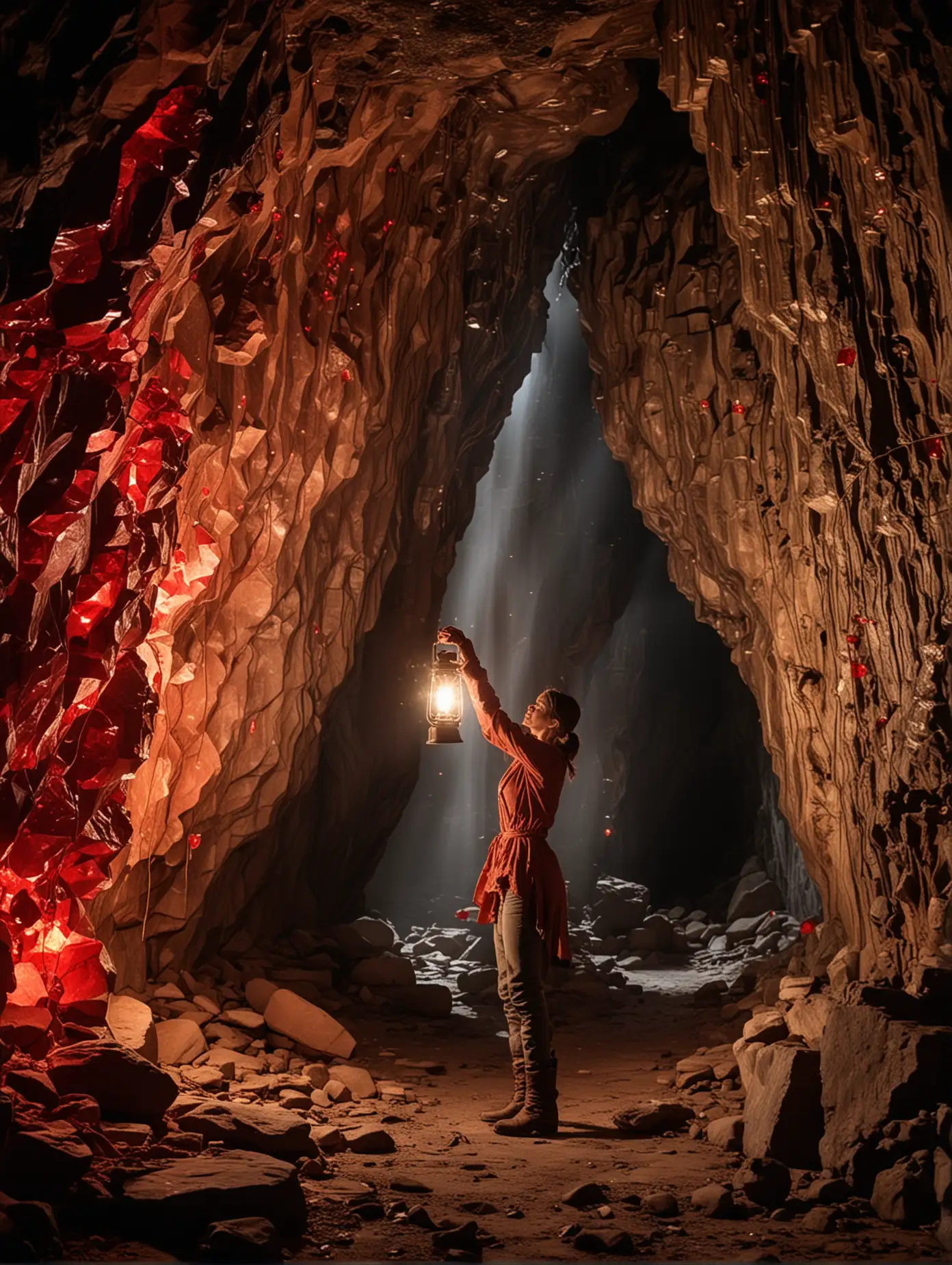 Exploring-a-Crystal-Cave-Woman-with-Lantern-and-Red-Crystal-Wall