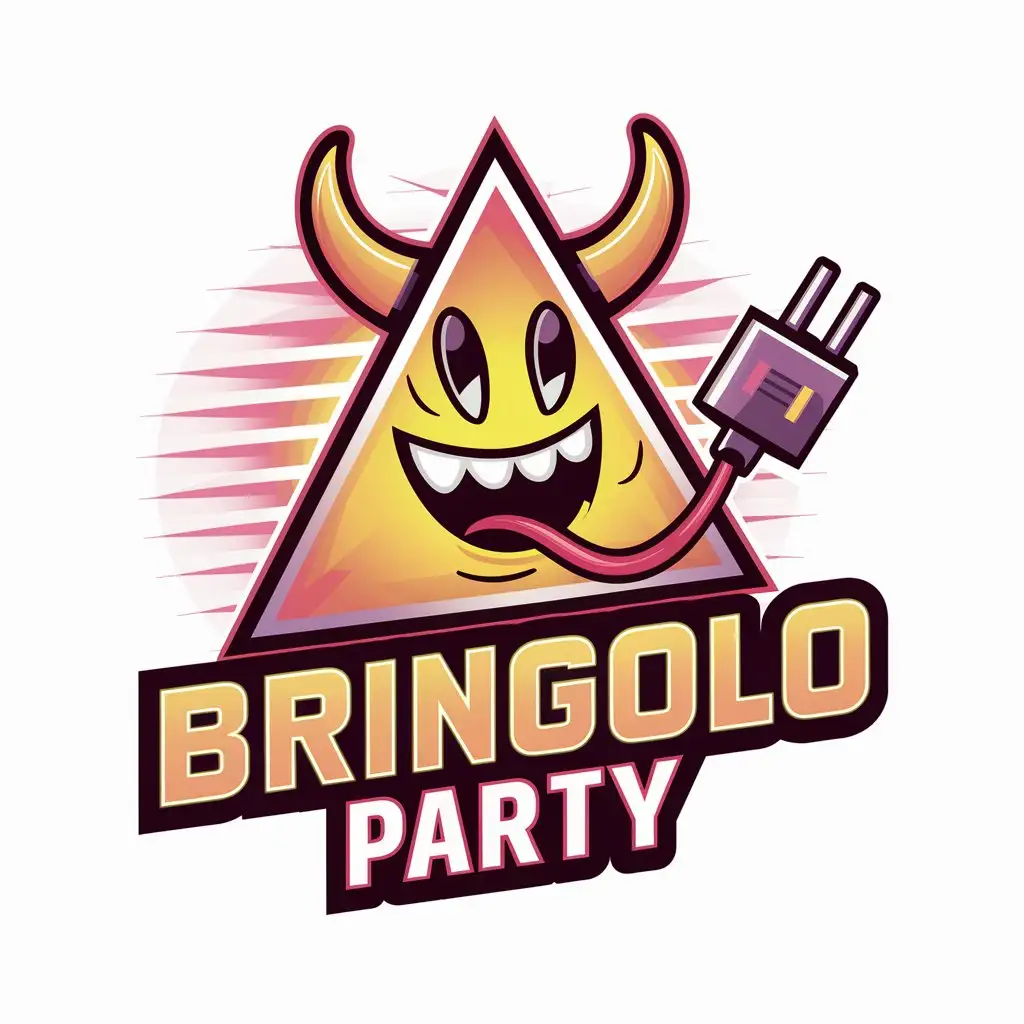 funny logo for the music event called BRINGOLO PARTY, with a triangle with horns and a jack cable, in neon mode