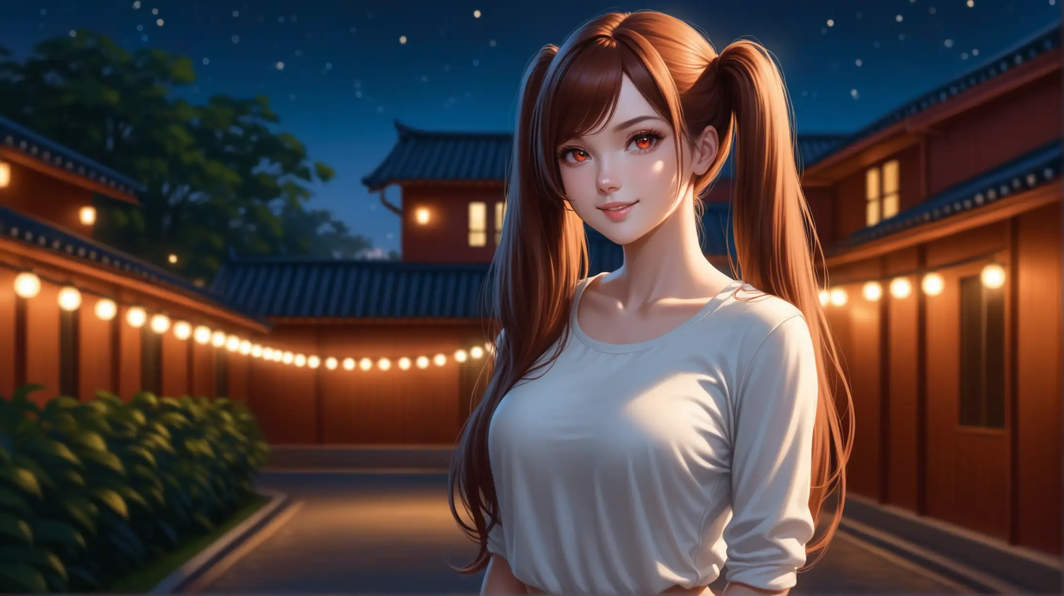 Draw a woman, extremely long reddish-brown hair, two high parted twintails, side locks, side-swept bangs, scarlet eyes, perky figure, high quality, realistic, accurate, detailed, long shot, night lighting, outdoors, seductive pose, casual outfit, smiling at the viewer