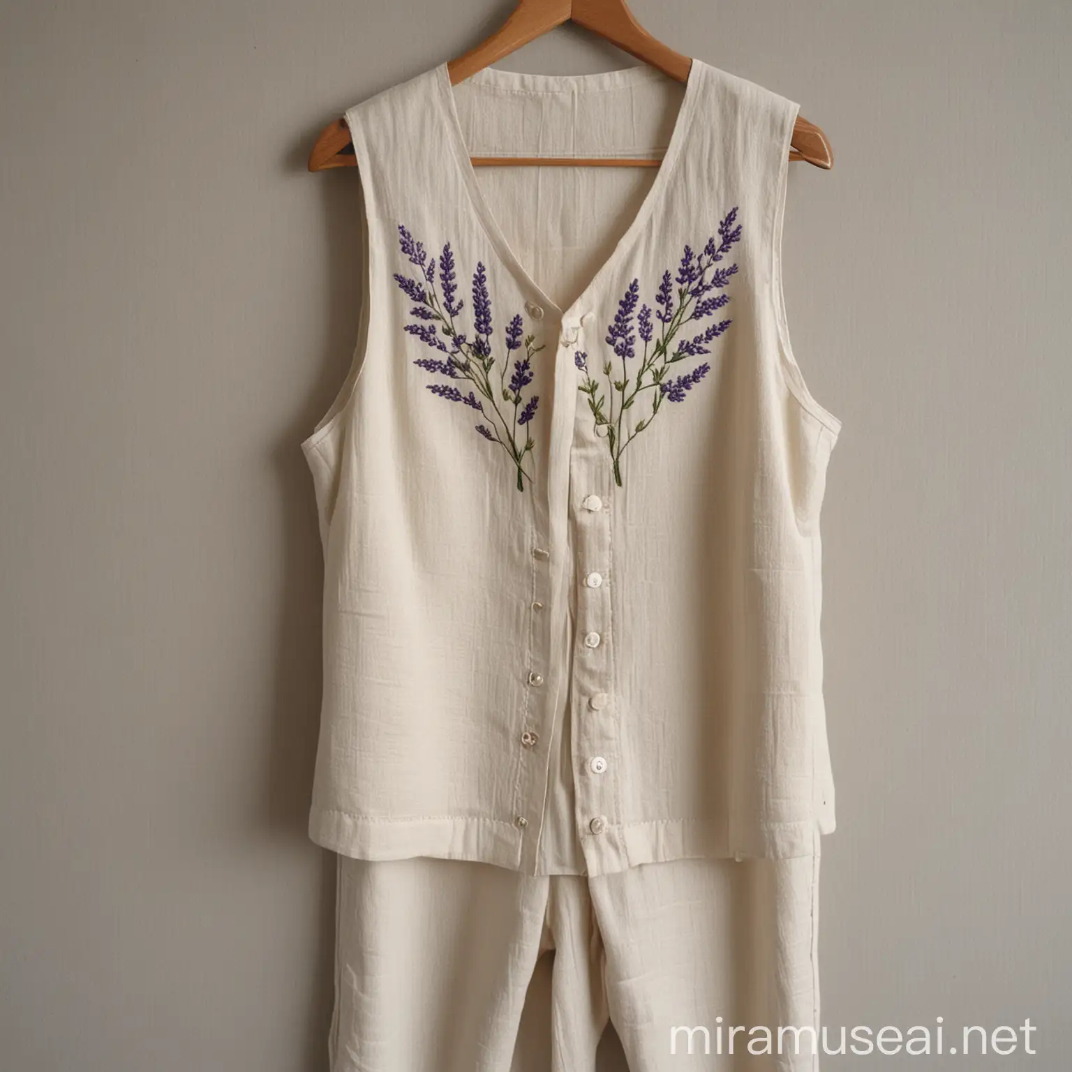 A women's vest, pants, and shirt, worn by a model, cream color, linen, with embroidery, two small, simple and low lavender branches, to be real.

